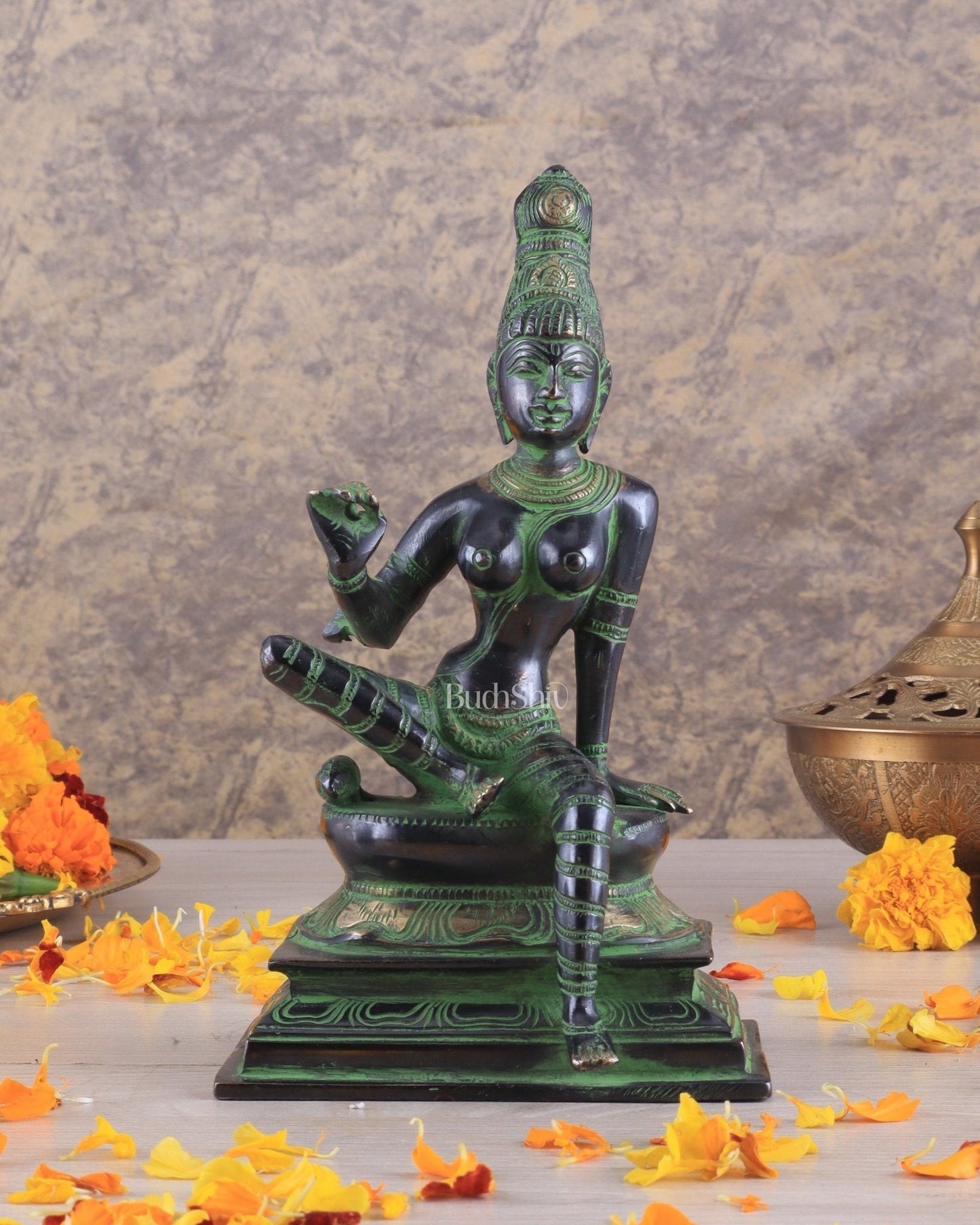 Elegant Bhoga Shakti Pure Brass Seated Parvati Idol – 9 Inch Height black and green tone - Sama Homes Idol - Brass Sculpture
