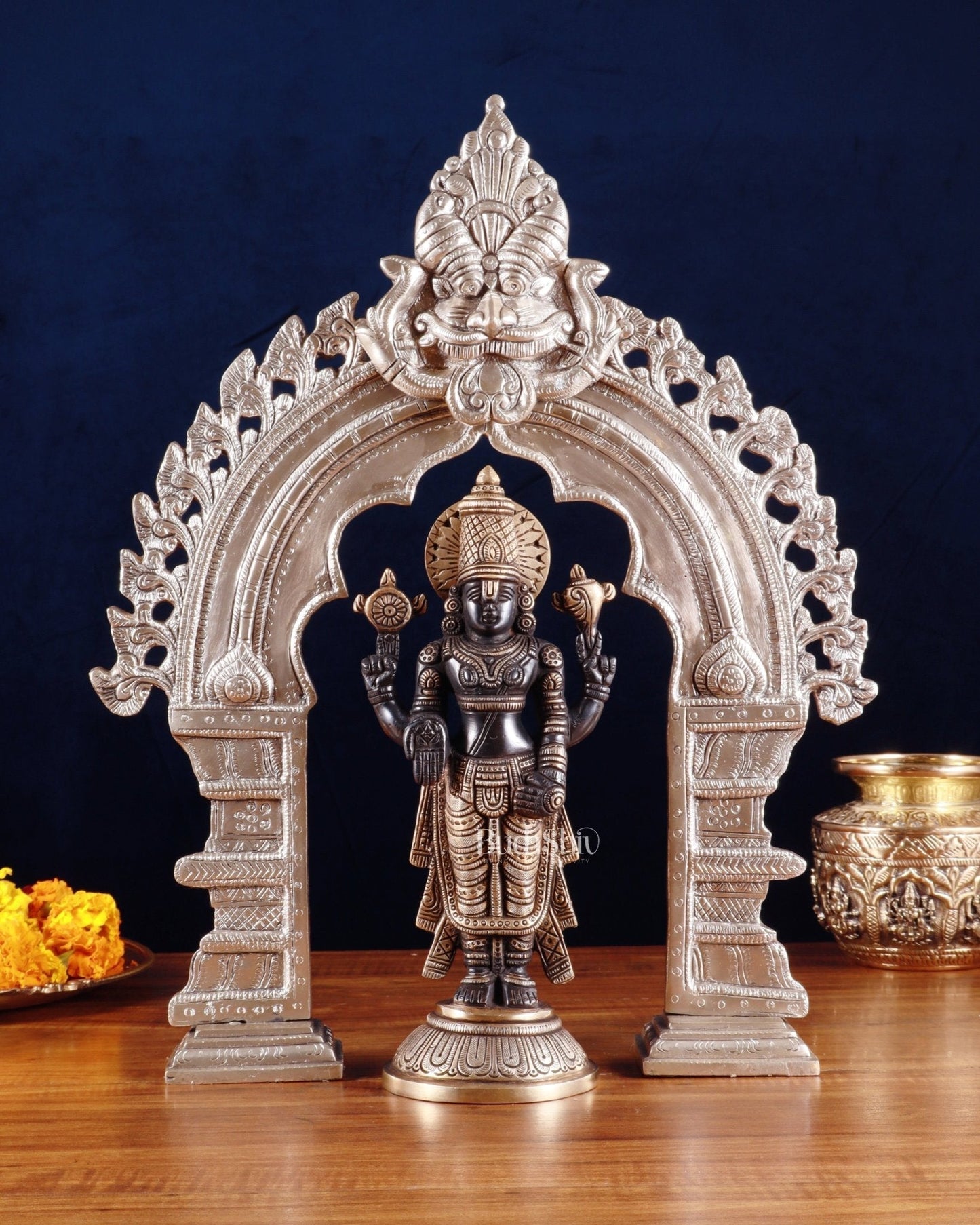 Exquisite Brass Black Tirupati Balaji Idol with Prabhavali arch Set 17" - Sama Homes Idol - Brass Sculpture