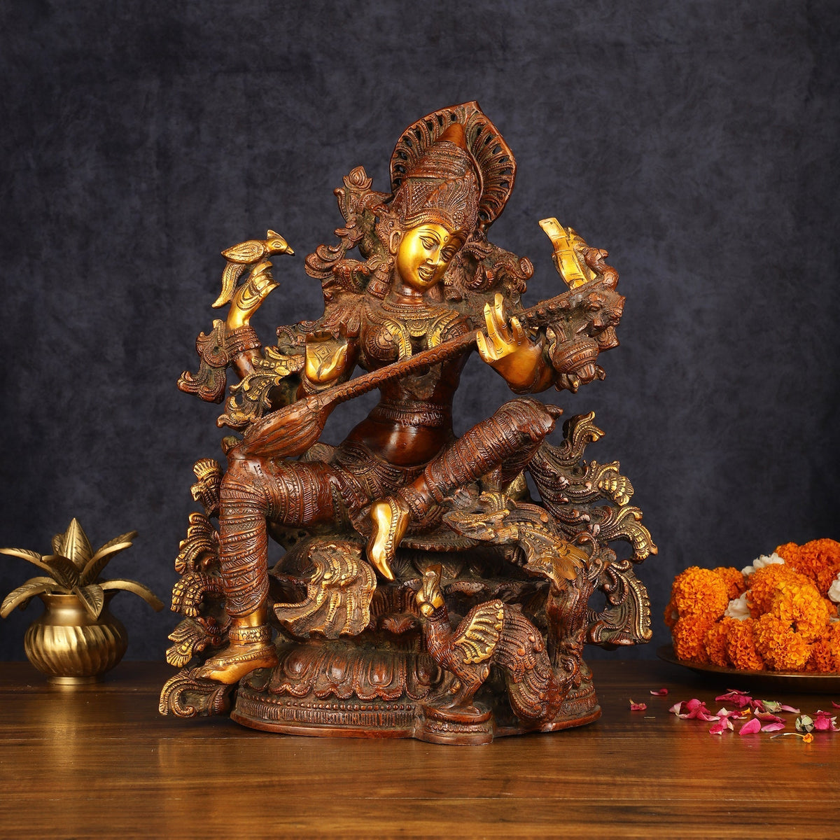 Exquisite Brass Bronze Finish Saraswati Idol - 16" Divine Sculpture - Sama Homes Idol - Brass Sculpture