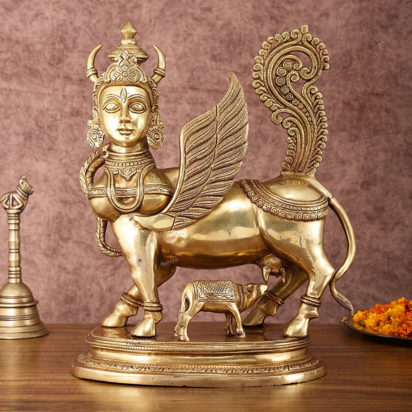 Exquisite Brass Kamdhenu Cow with calf Statue | 16.5"