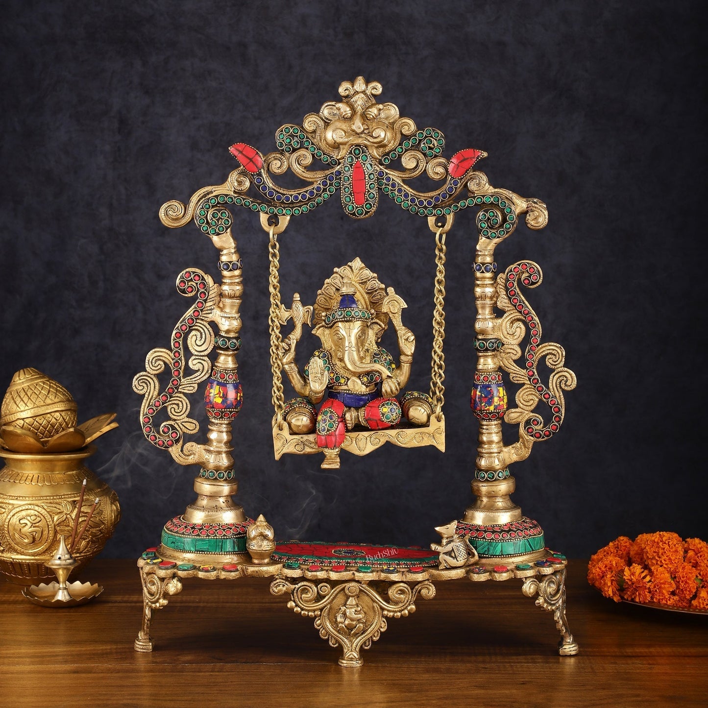 Exquisite Brass Kirtimukha Ganesha on a Swing with Stonework, 20" Height - Sama Homes Idol - Brass Sculpture