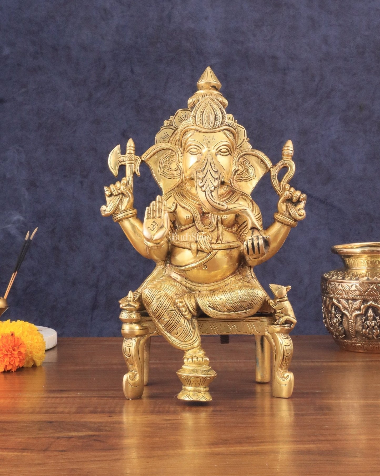 Exquisite Brass Lord Ganesha Seated on Throne Statue - 12" Tall - Sama Homes Idol - Brass Sculpture