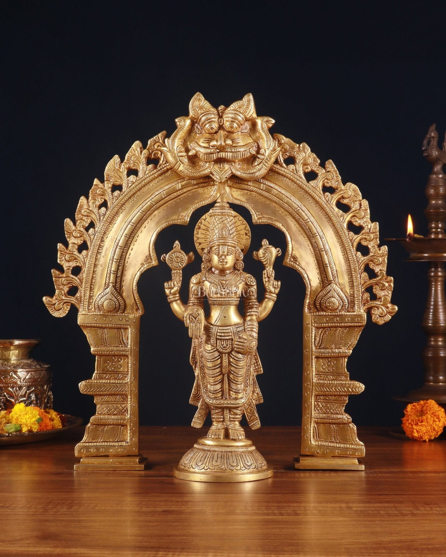 Exquisite Brass Prabhavali Arch Frame & Tirupati Balaji Idol Set 17" - Sama Homes Idol - Brass Sculpture