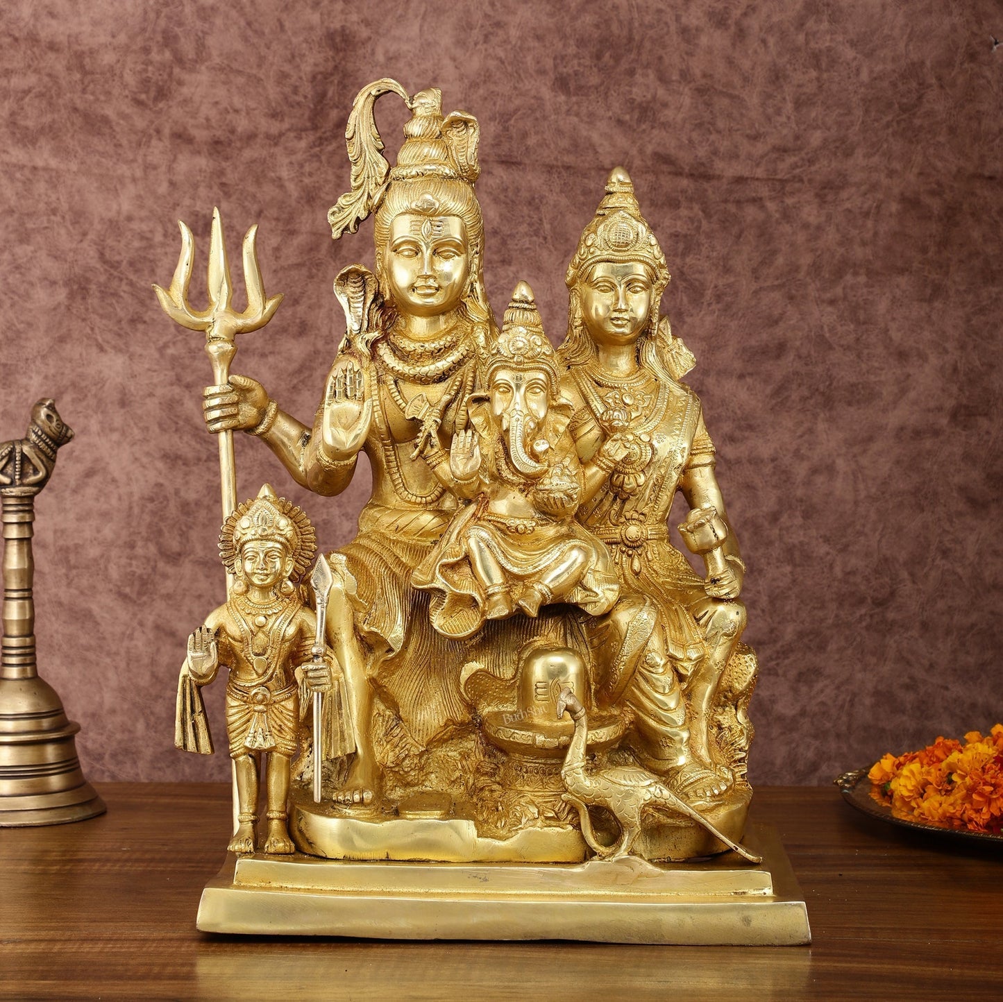 Exquisite Shiv Parivaar Statue - 15" Height, Superfine Brass - Sama Homes Idol - Brass Sculpture