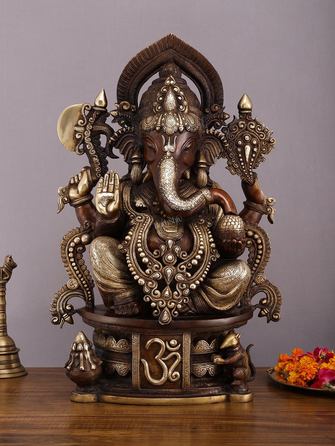 Exquisite Vintage Brown Tone Lord Ganesha Brass Statue - 23" - Sama Homes Idol - Brass Sculpture