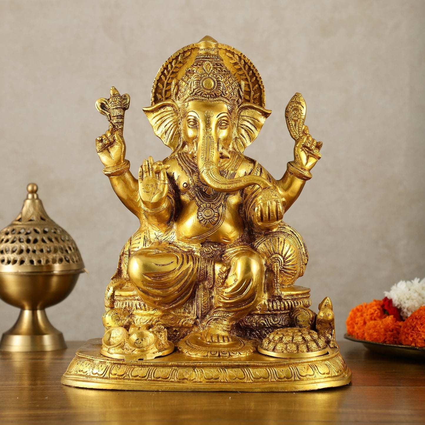 Ganesha Brass statue 13 inch golden tone - Sama Homes Idol - Brass Sculpture