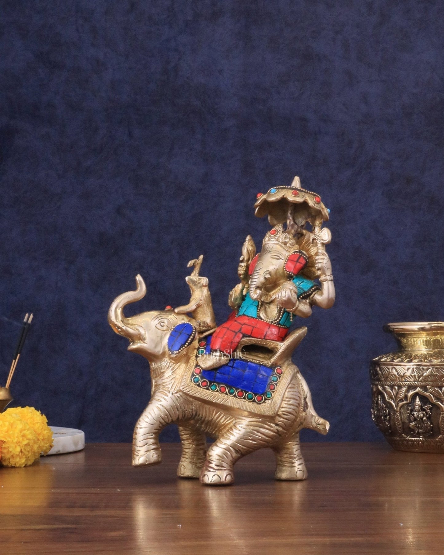 Ganesha sitting on elephant meenakari brass statue - Sama Homes Idol - Brass Sculpture