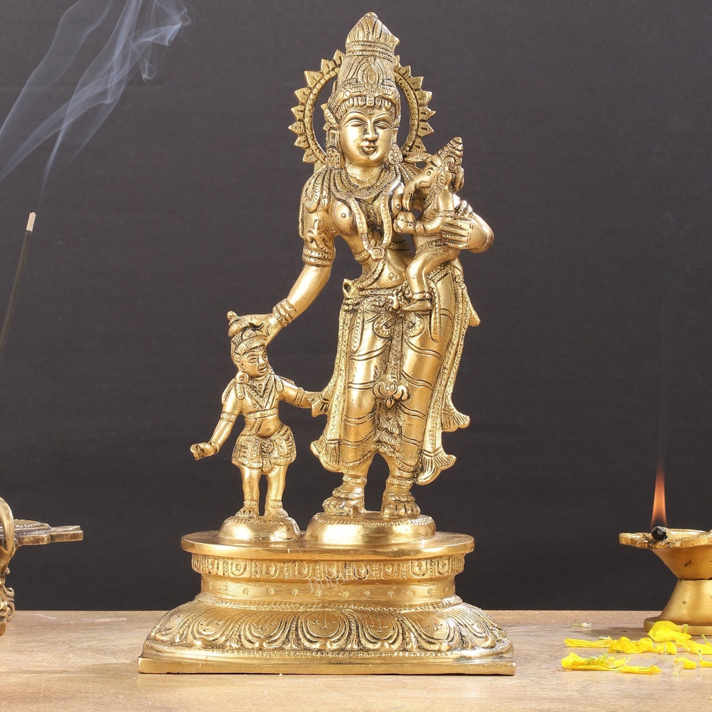 Graceful 11-Inch Brass Goddess Parvati with Ganesha and Kartikeya Statue - Sama Homes Idol - Brass Sculpture