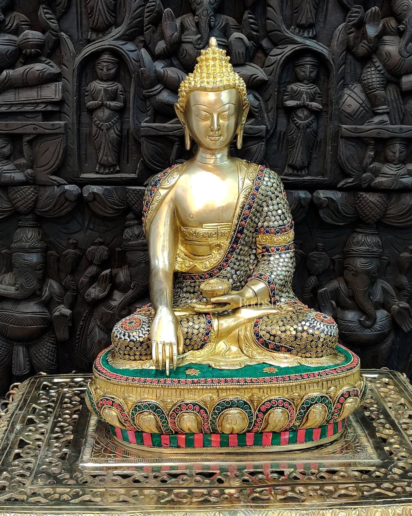 Hand-Carved Brass Buddha Statue - Earth Touching Mudra, 16" - Sama Homes Idol - Brass Sculpture