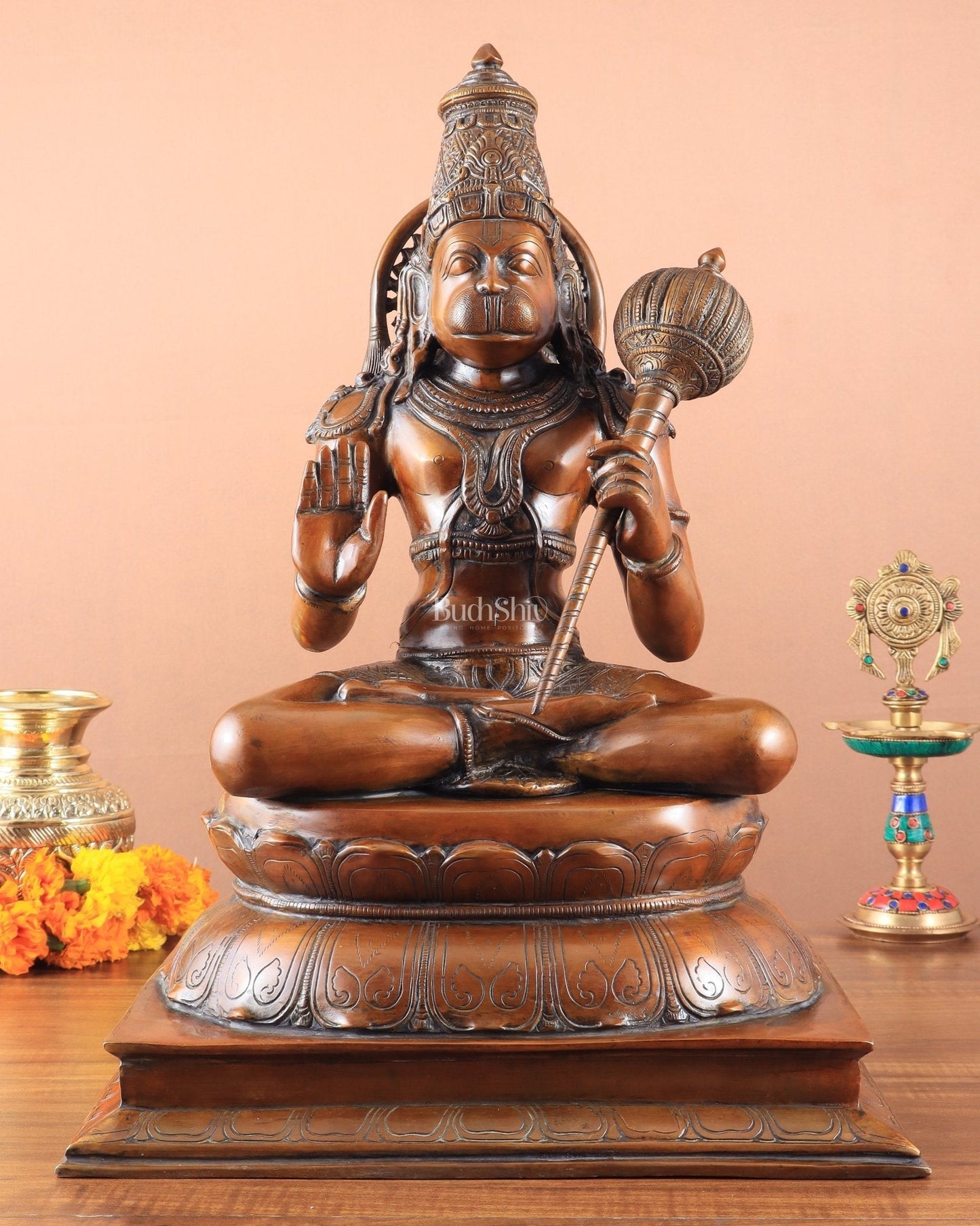 Handcrafted Brass Blessing Hanuman Sculpture - 18" Height, Antique Copper tone - Sama Homes Idol - Brass Sculpture