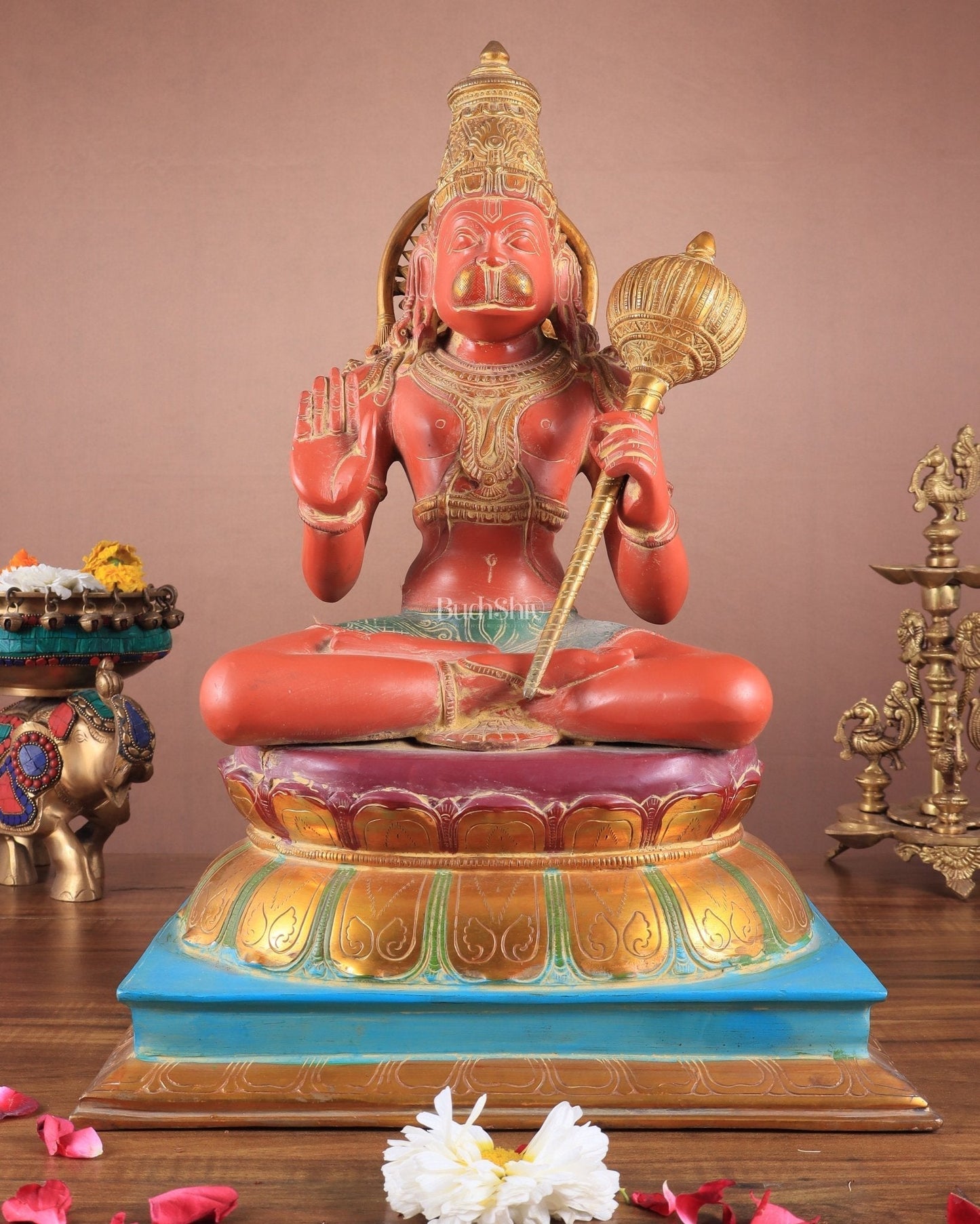 Handcrafted Brass Blessing Hanuman Sculpture - 18" Height, Sindoor red tone - Sama Homes Idol - Brass Sculpture