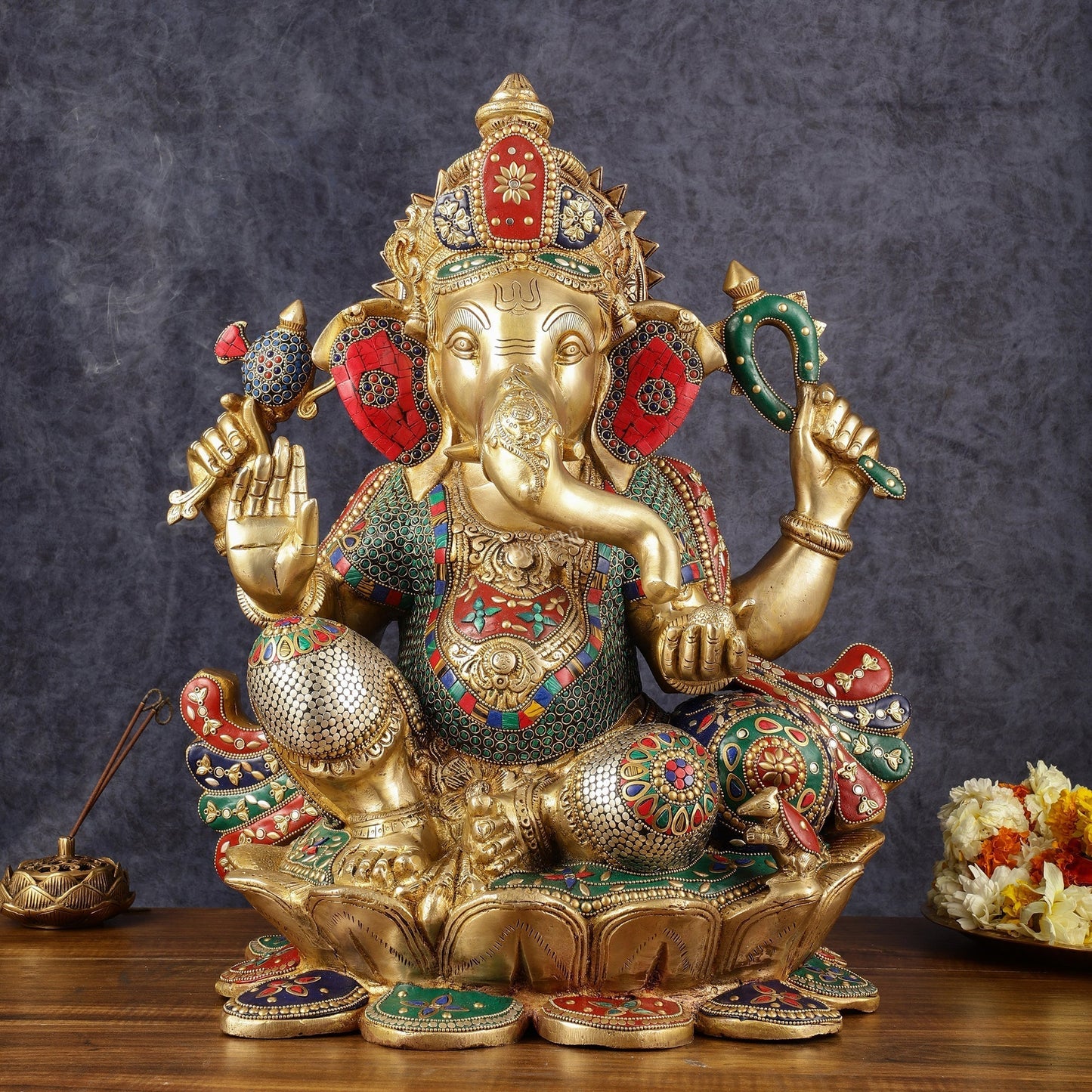Handcrafted Brass Ganapathi Statue on Lotus Base - 21-inch Tall - Sama Homes Idol - Brass Sculpture