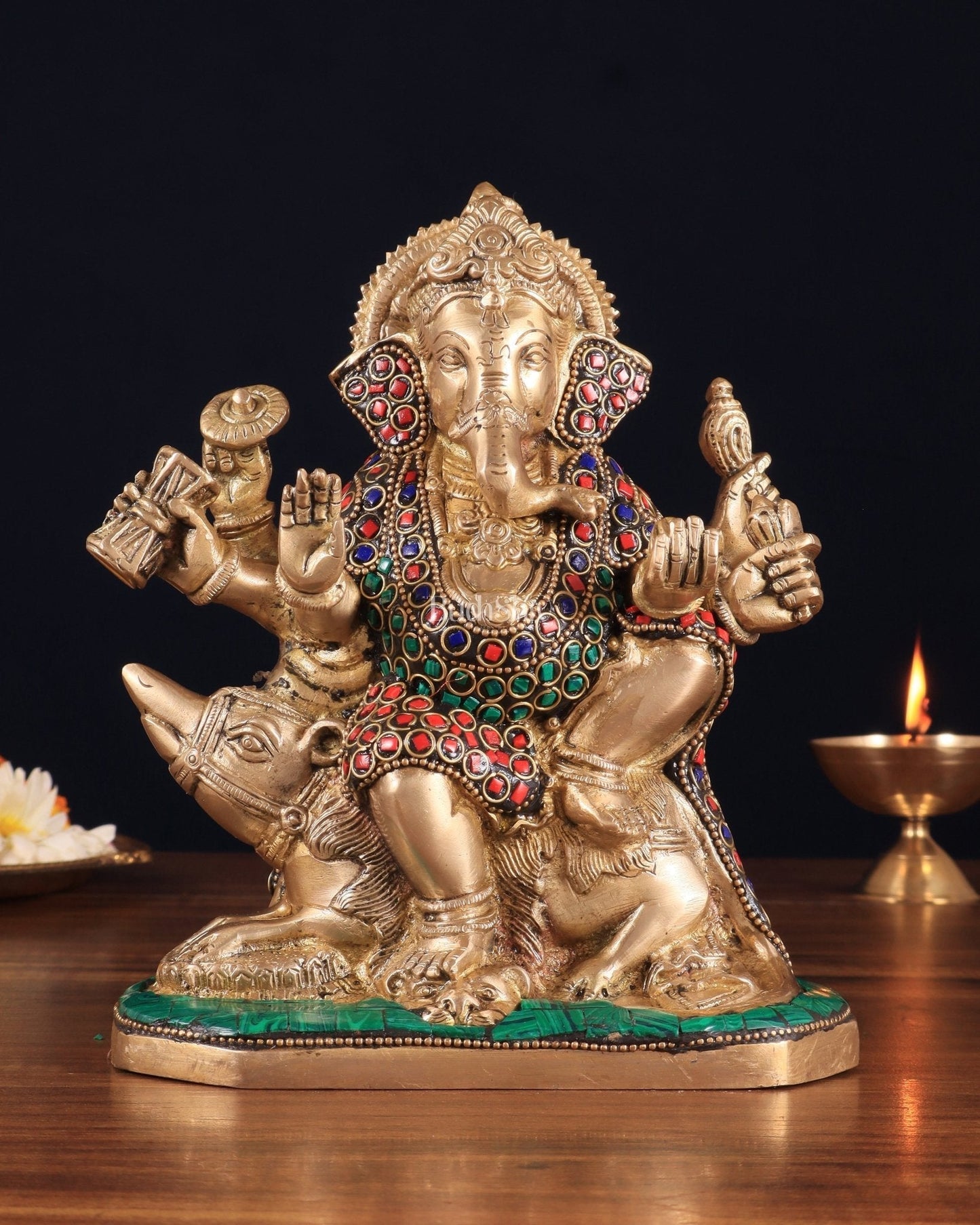 Handcrafted Brass Ganesha on Mooshak with Meenakari Stonework – 8.5" x 6.75" x 3.5" | Divine Elegance - Sama Homes Idol - Brass Sculpture