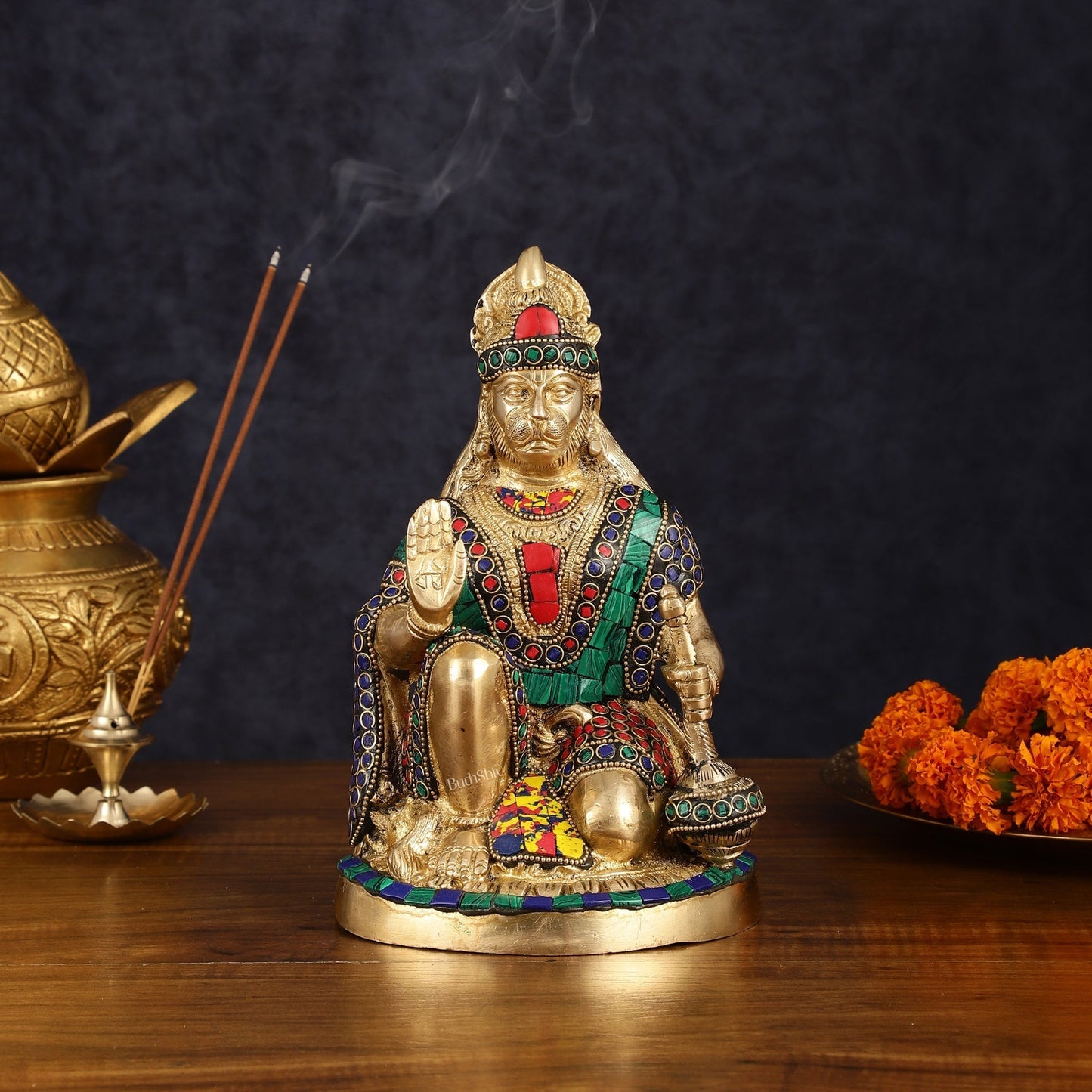 Handcrafted Brass Hanuman Idol - 9" with stonework - Sama Homes Idol - Brass Sculpture