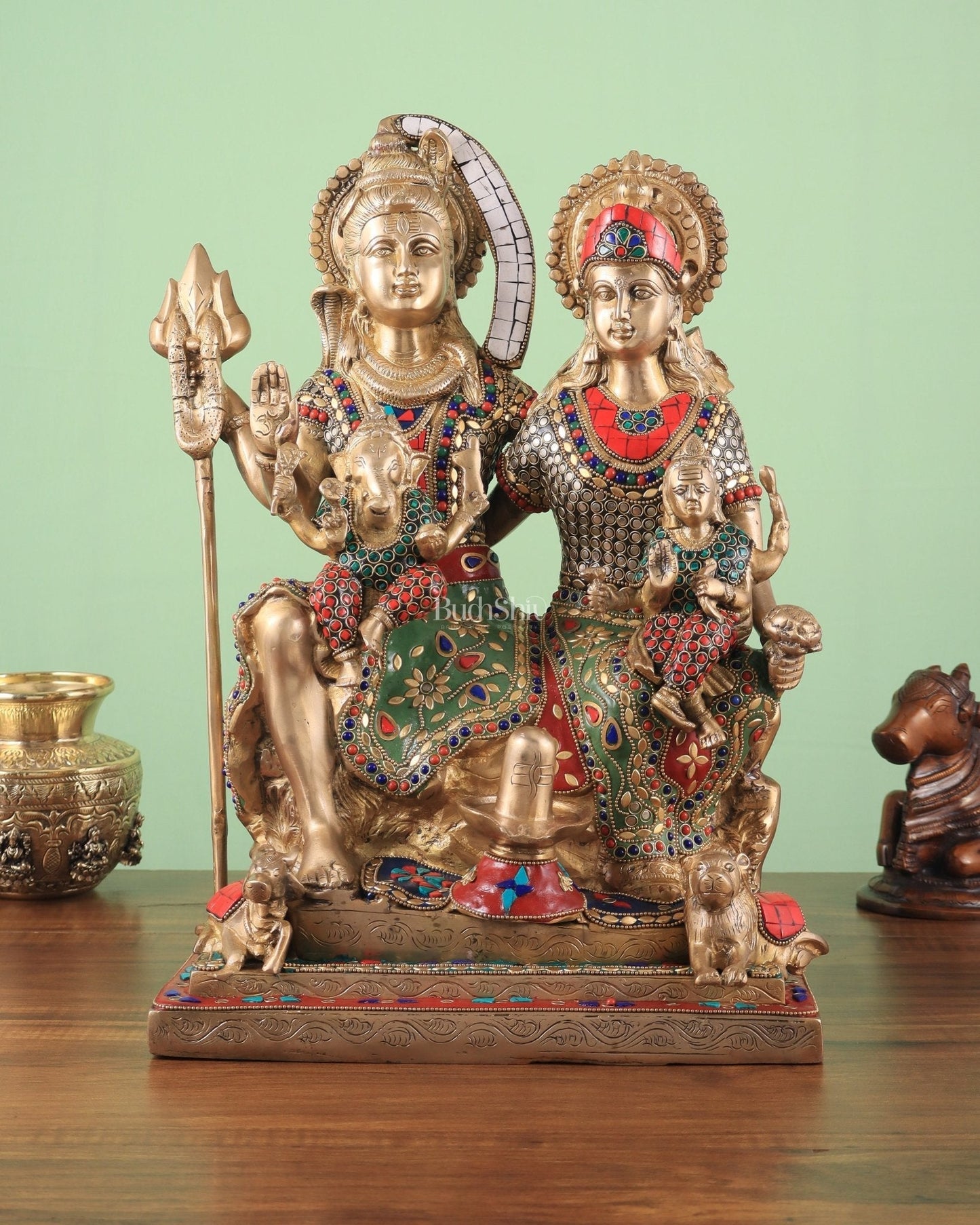 Handcrafted Brass Lord Shiva Family Statue - Meenakari | 18" Height - Sama Homes Idol - Brass Sculpture