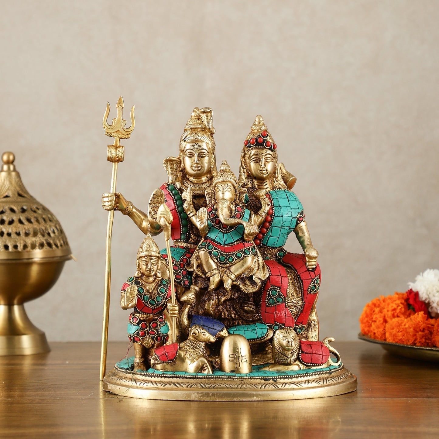 Handcrafted Brass Lord Shiva Parivaar Idol stonework 9.5 inches - Sama Homes Idol - Brass Sculpture
