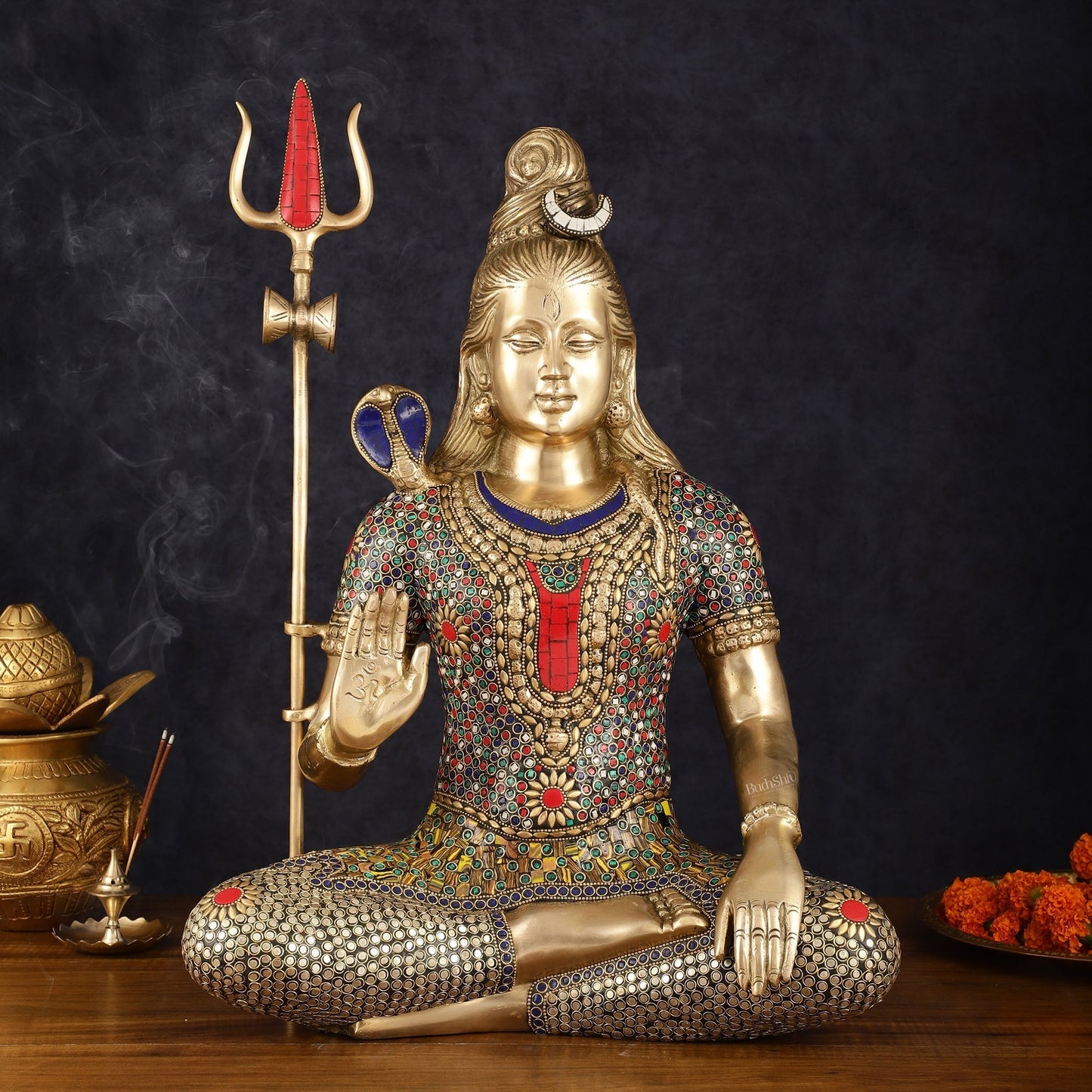Handcrafted Brass Lord Shiva Statue with Stonework - 20 Inches - Sama Homes Idol - Brass Sculpture