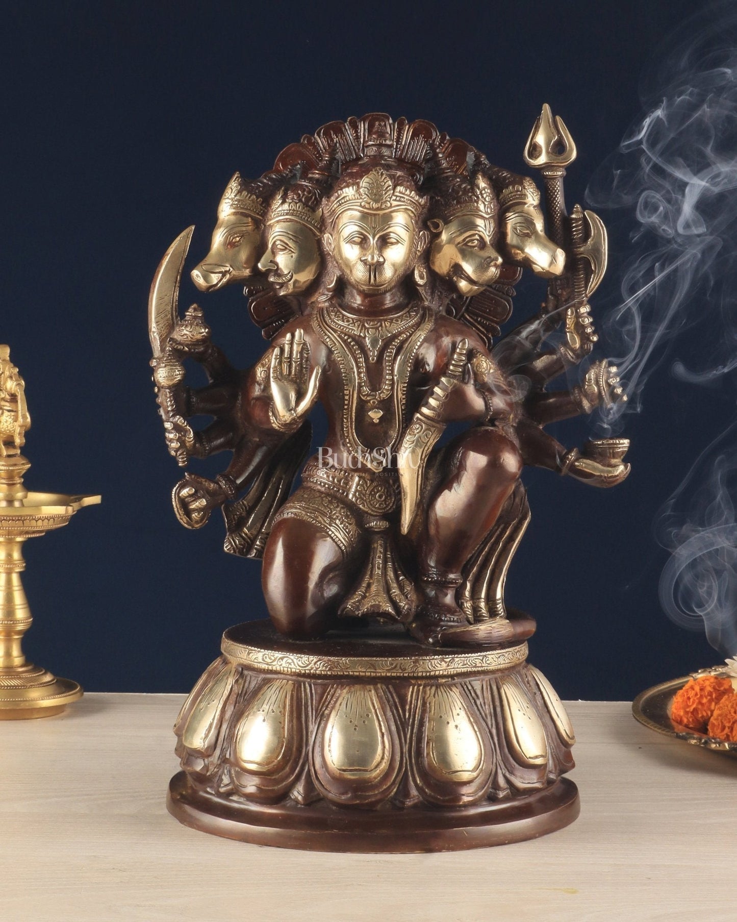 Handcrafted Brass Panchmukhi Hanuman Idol – Dual Tone Chola Finish, 13.5" - Sama Homes Idol - Brass Sculpture