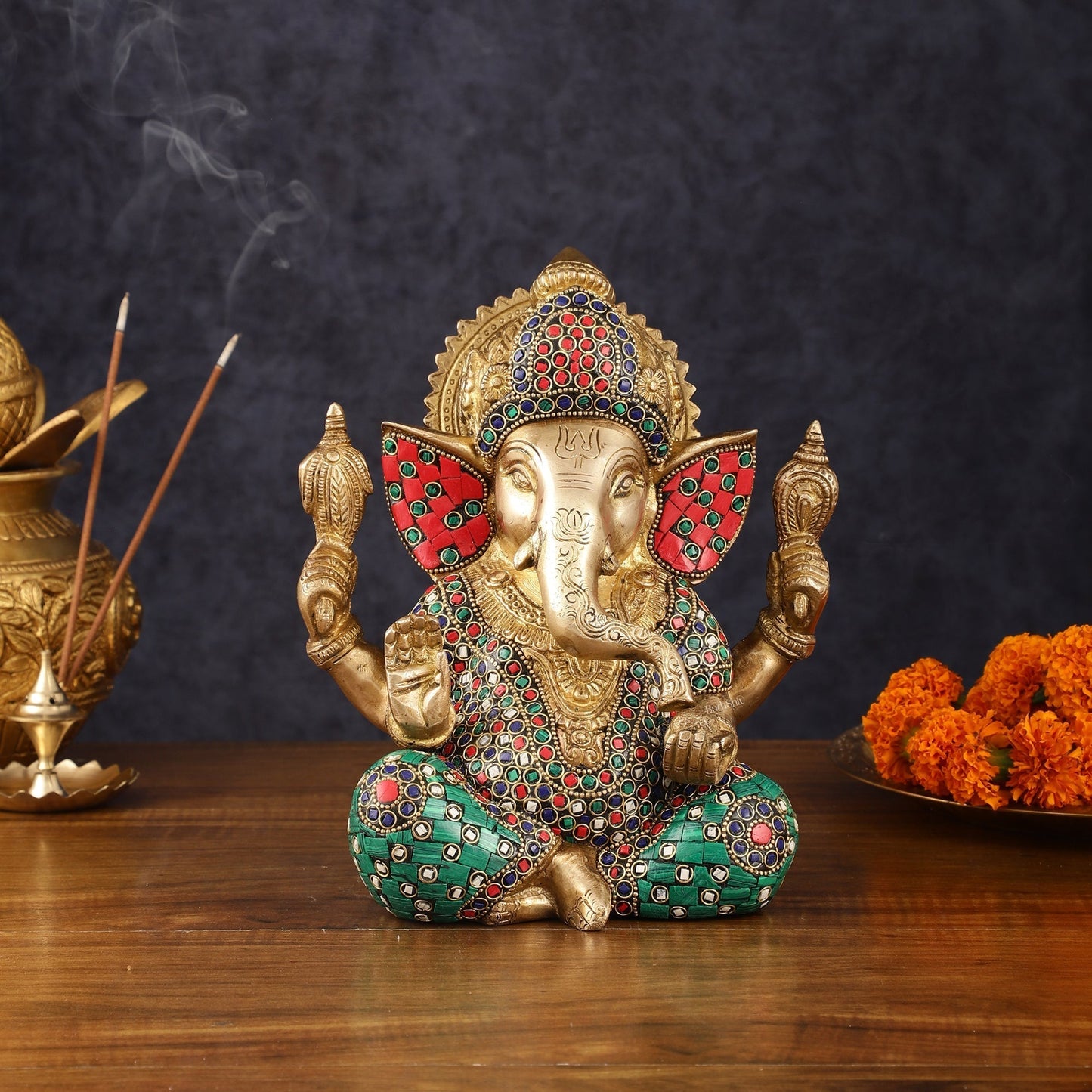 Handcrafted Pure Brass Ganesha Idol with Natural Color Stones - 8" Height - Sama Homes Idol - Brass Sculpture