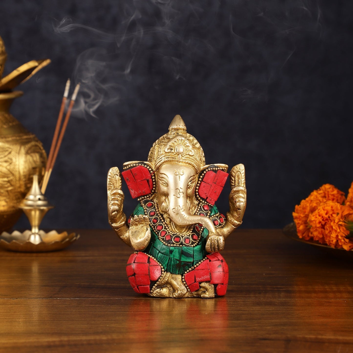 Handcrafted Pure Brass Ganesha Idol with Red and Green Stone Accents, 5" Height - Sama Homes Idol - Brass Sculpture