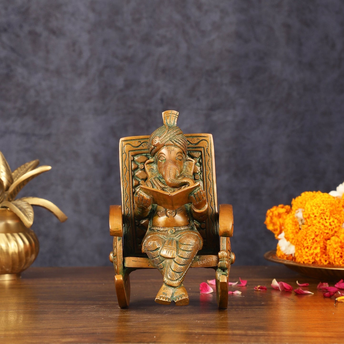 Handcrafted Pure Brass Lord Ganapati Seated on Swinging Chair Idol - 7" Antique Bronze Finish - Sama Homes Idol - Brass Sculpture