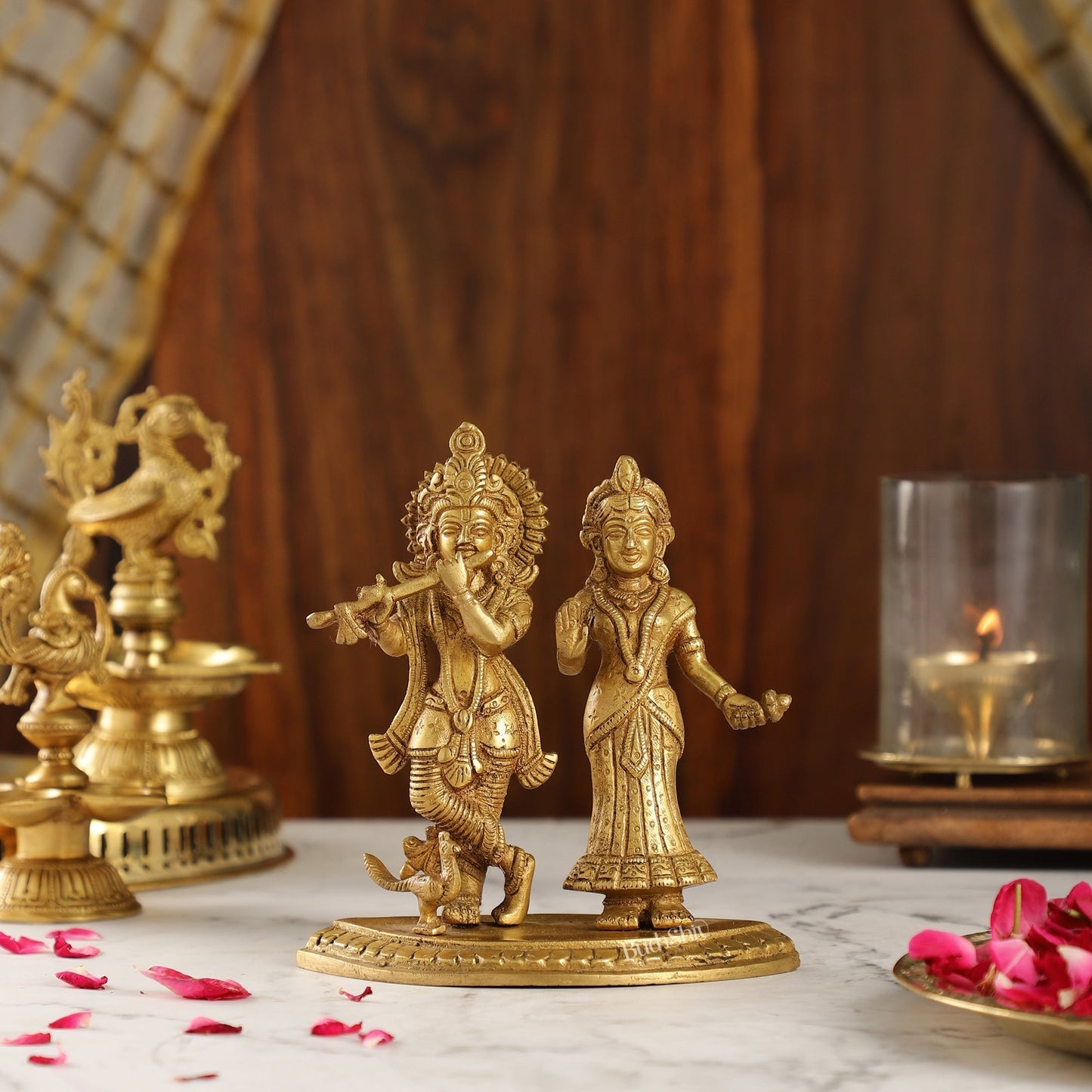 Handcrafted Radha Krishna Idol with Flute and Peacock | Buy Now | 7 inch - Sama Homes Idol - Brass Sculpture