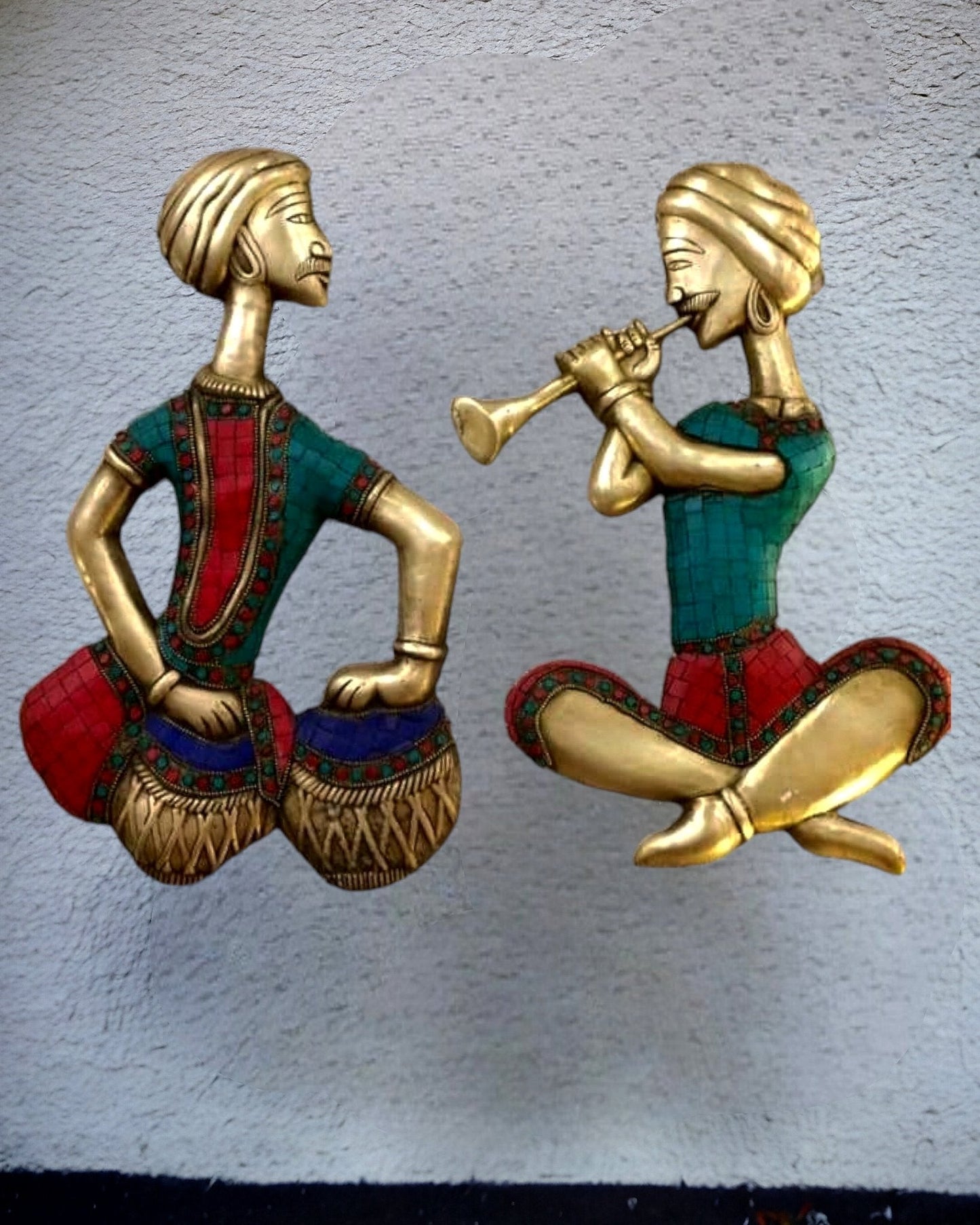 Hanging Musicians Set in Pure Brass - Set of 2 - Meenakari - Sama Homes Idol - Brass Sculpture