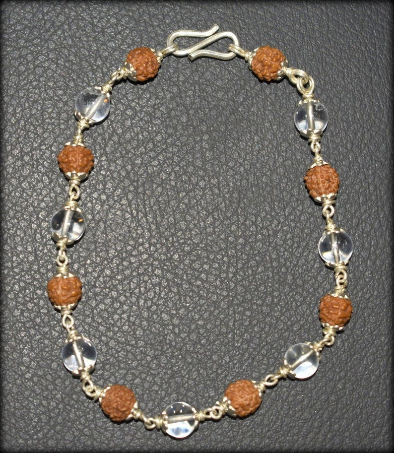 5 Face Rudraksha and Sphatik Bracelet In Pure Silver / Crystal Rudraksha Wrist Bracelet with S Hock
