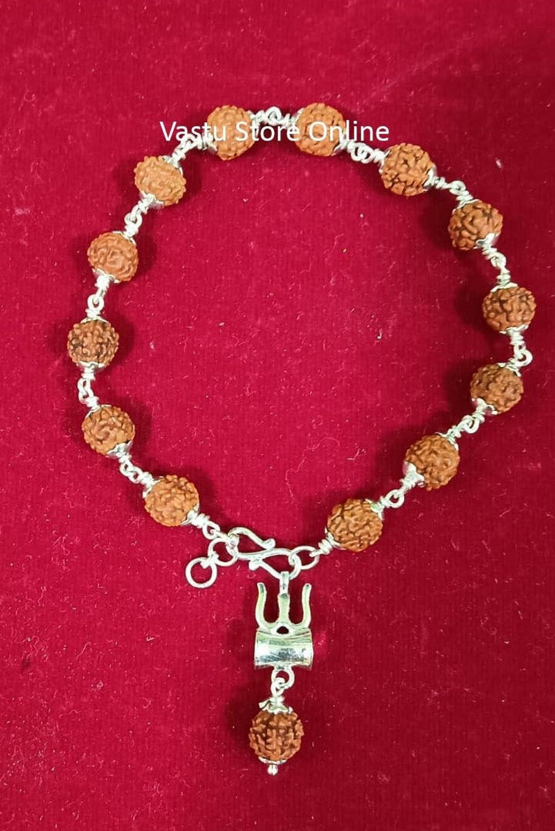 Fine Silver Trishul Damru with 5 Mukhi Java Rudraksha Bracelet in Pure Silver, 5 Mukhi Rudraksha Bracelet