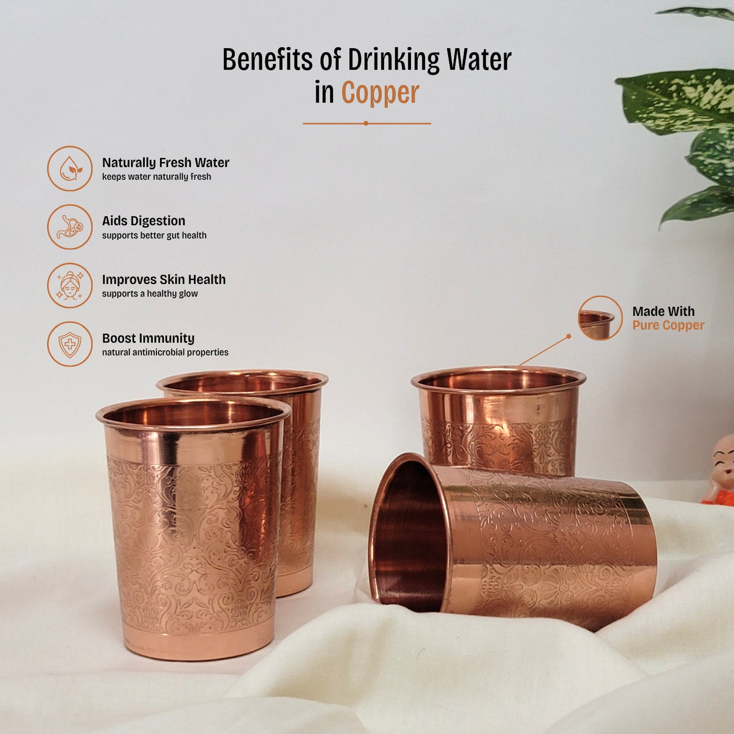Pure Copper Water Glass Set of 2 Engrave Designed Tumbler Capacity 300ML