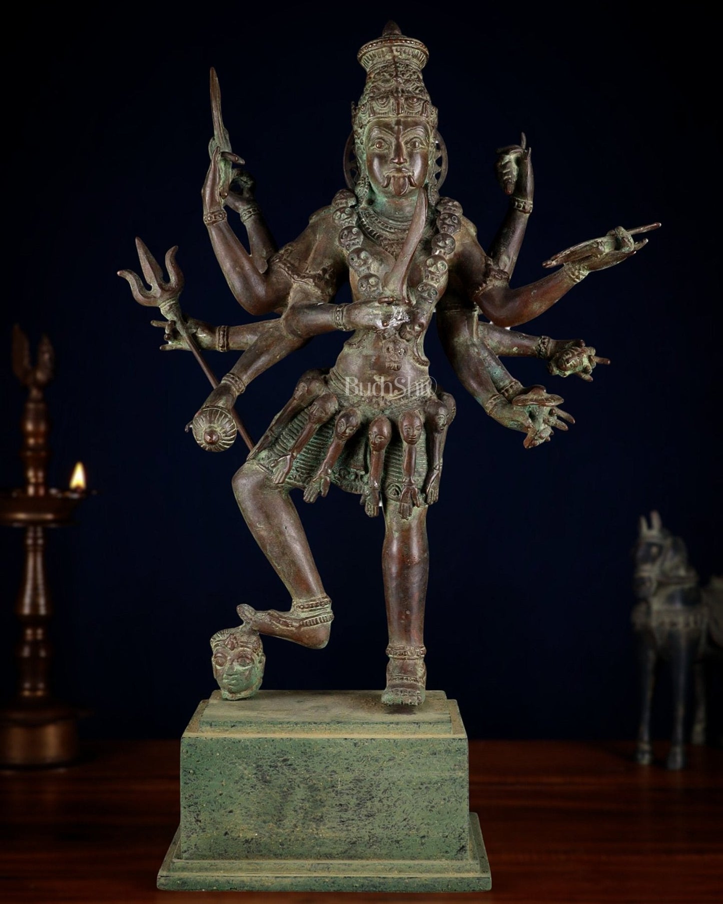 Indonesian Bronze Kali Statue – 23” (58 cm) Fierce Form with 10 Arms | Bronze Sculpture - Sama Homes Idol - Brass Sculpture