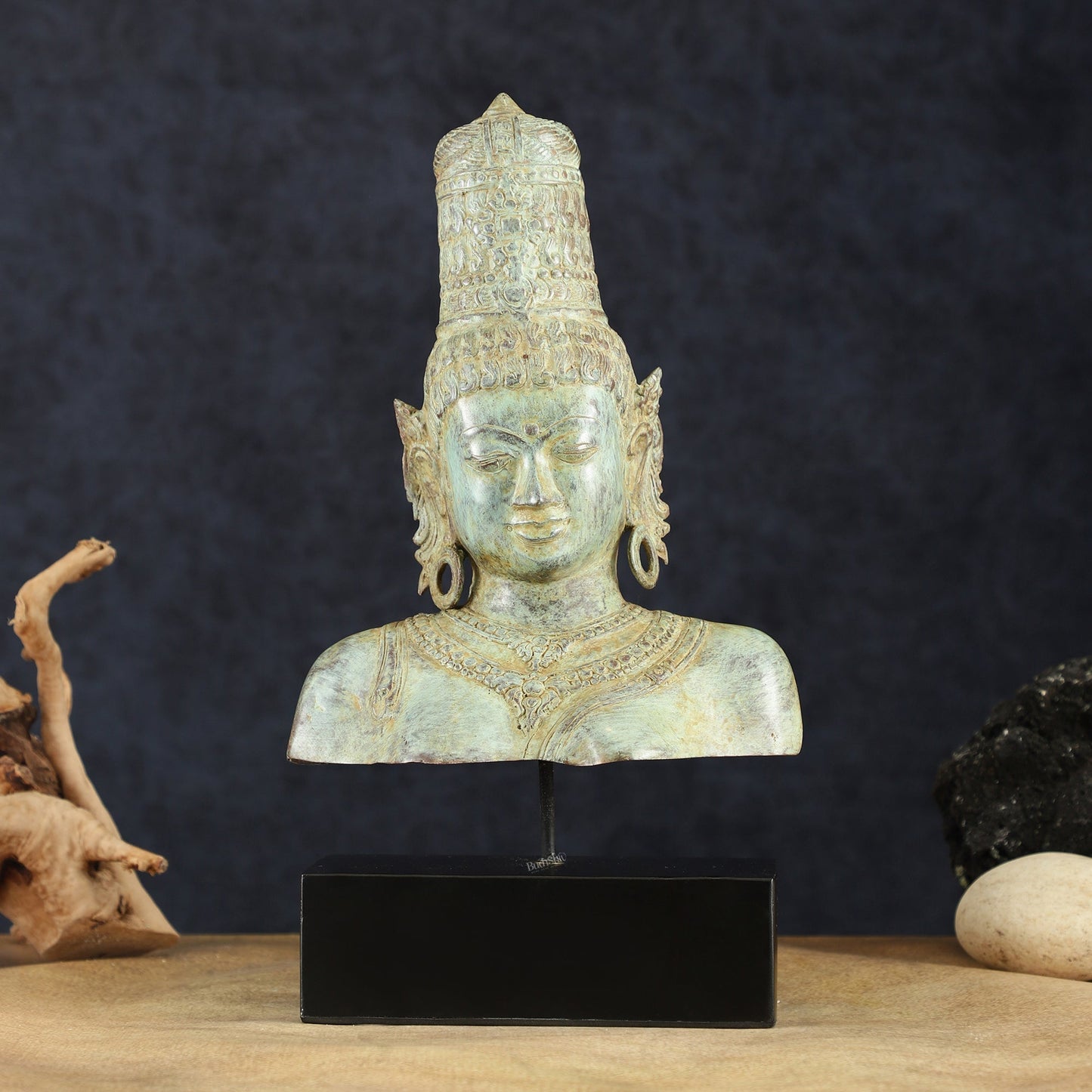 Indonesian Bronze Parvati Bust Sculpture on Wooden Base | 14" - Sama Homes Idol - Brass Sculpture