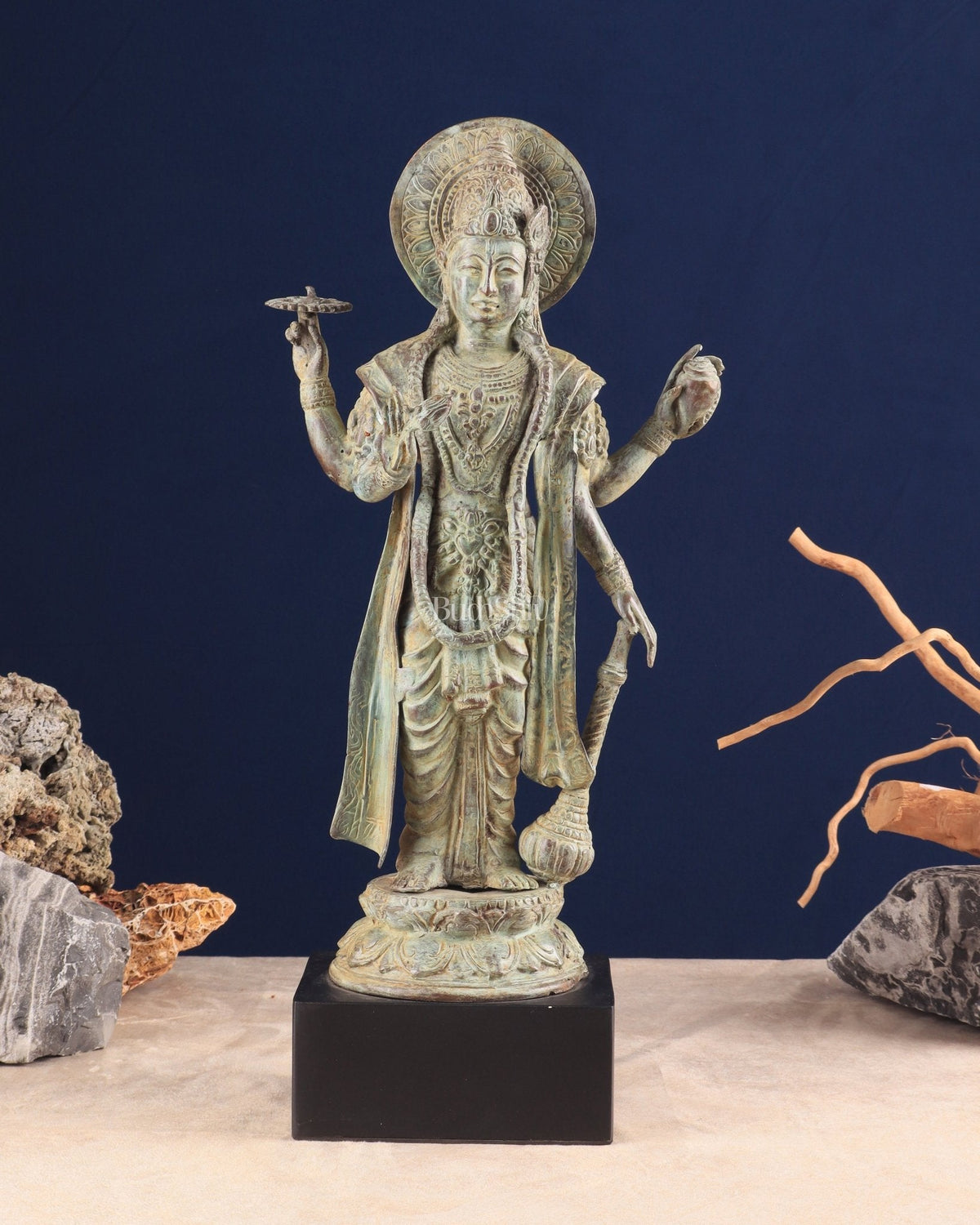 Indonesian Bronze Vintage Green Standing Vishnu Statue | 18" Height - Sama Homes Idol - Brass Sculpture