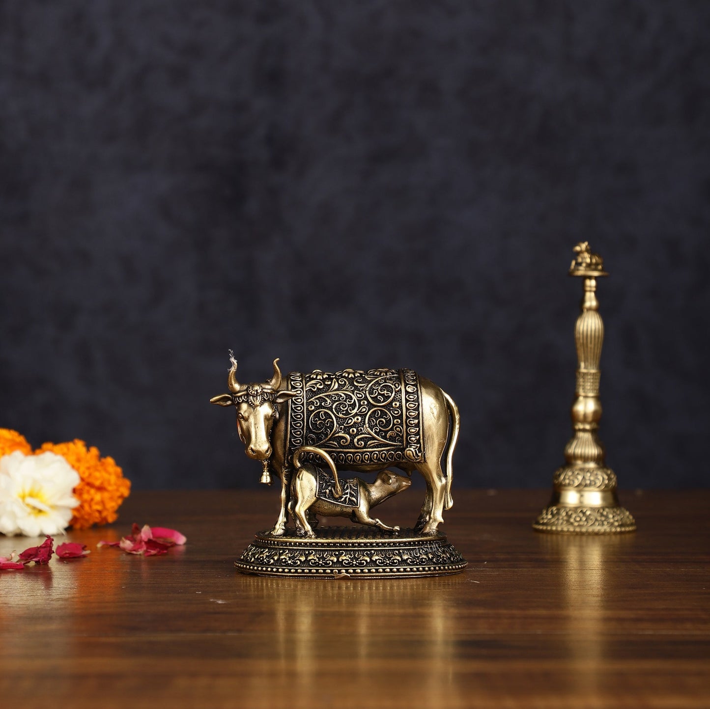 Intricate Brass antique Small Kamdhenu Cow with Calf Idol - 3-inch - Sama Homes Idol - Brass Sculpture