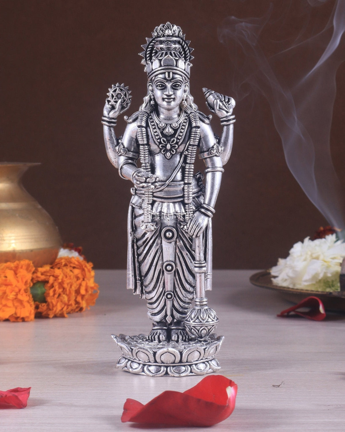 Intricate Brass superfine Vishnu idol 7 inch Silver plated - Sama Homes Idol - Brass Sculpture