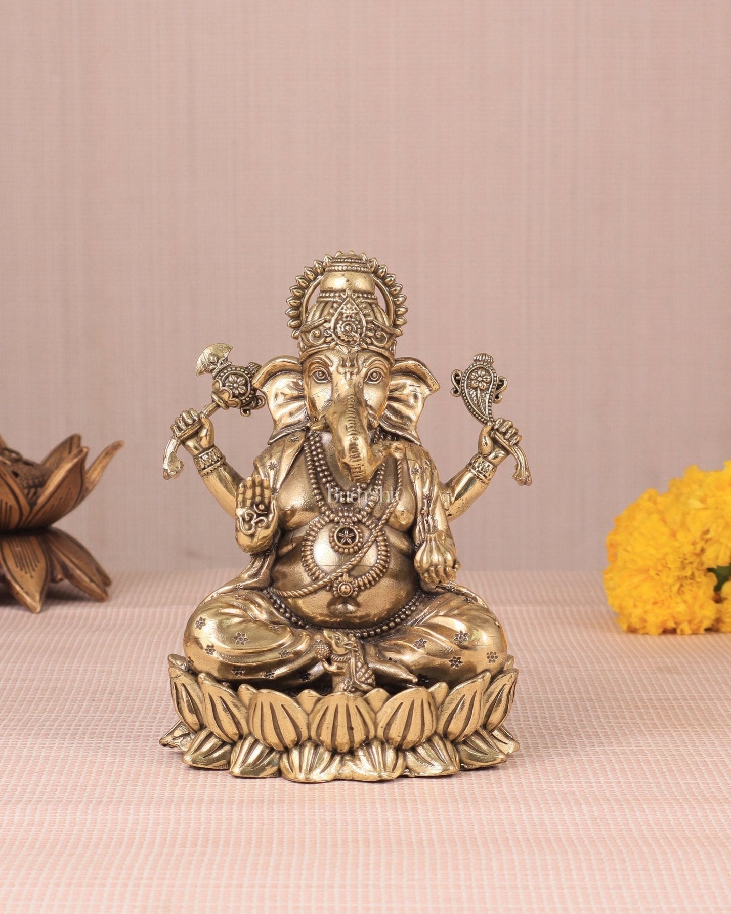 Intricate Ganesha Superfine Brass Idol with Clear Detailing 6' - Sama Homes Idol - Brass Sculpture