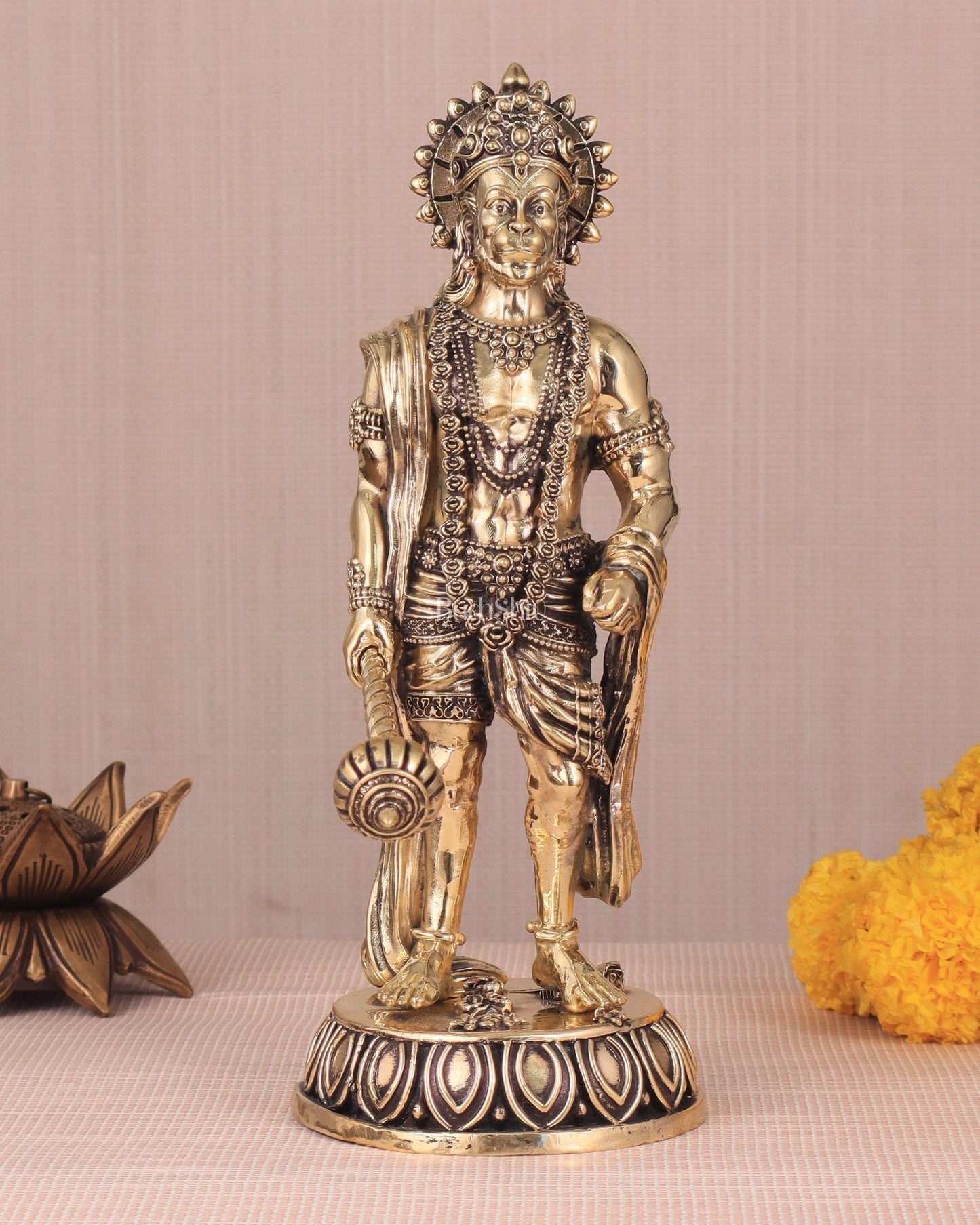 Intricate Standing Hanuman Ji Brass Sculpture - 10.5" - Sama Homes Idol - Brass Sculpture