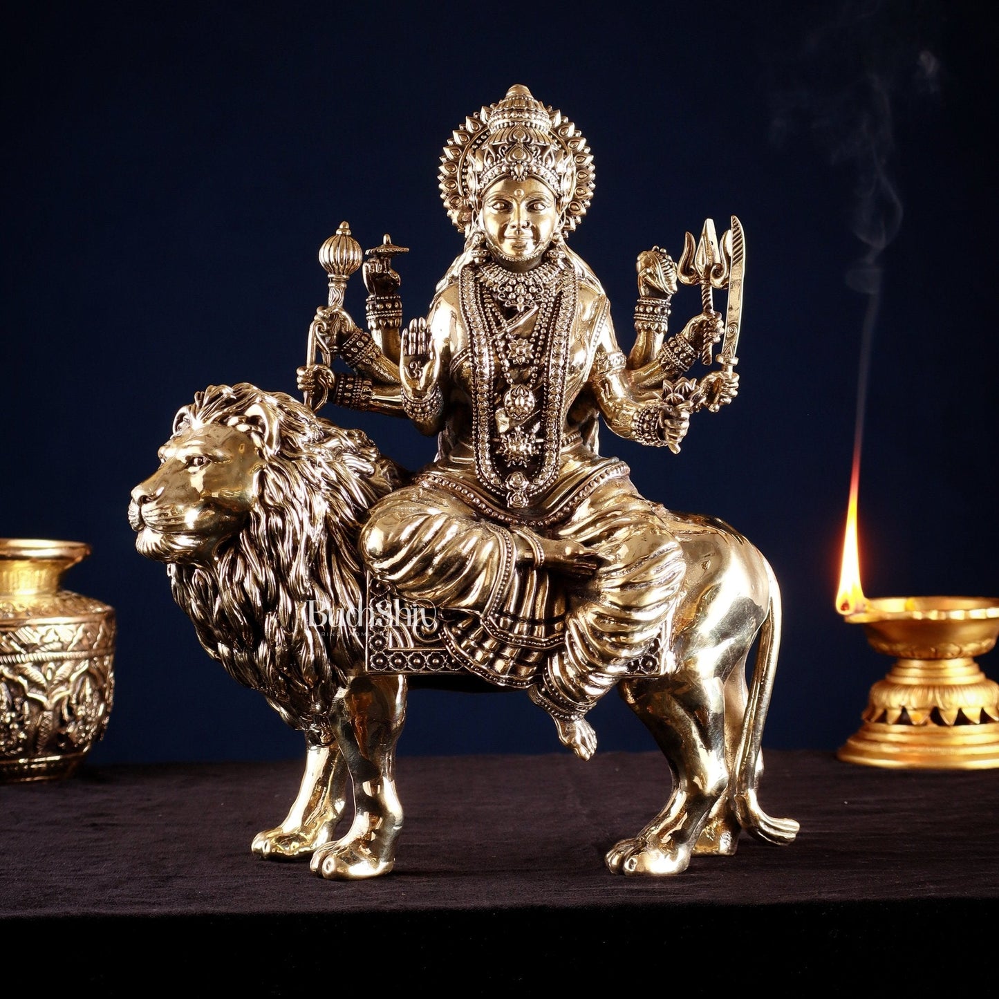 Intricate Superfine Brass Goddess Durga Sherawali Mata Idol 12" - Sama Homes Idol - Brass Sculpture