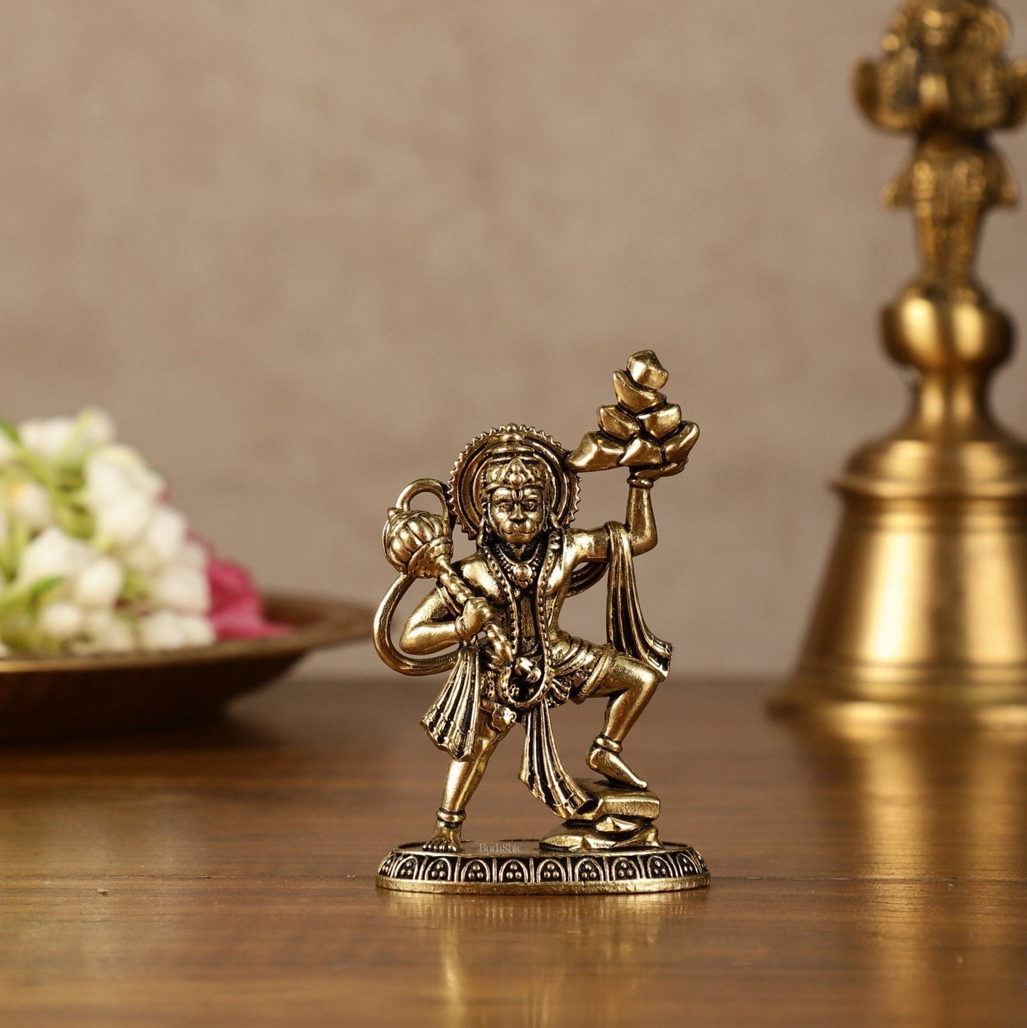 Intricate Superfine Brass Hanuman Idol Holding Sanjeevani – 2.5 Inch (6.35 cm) - Sama Homes Idol - Brass Sculpture