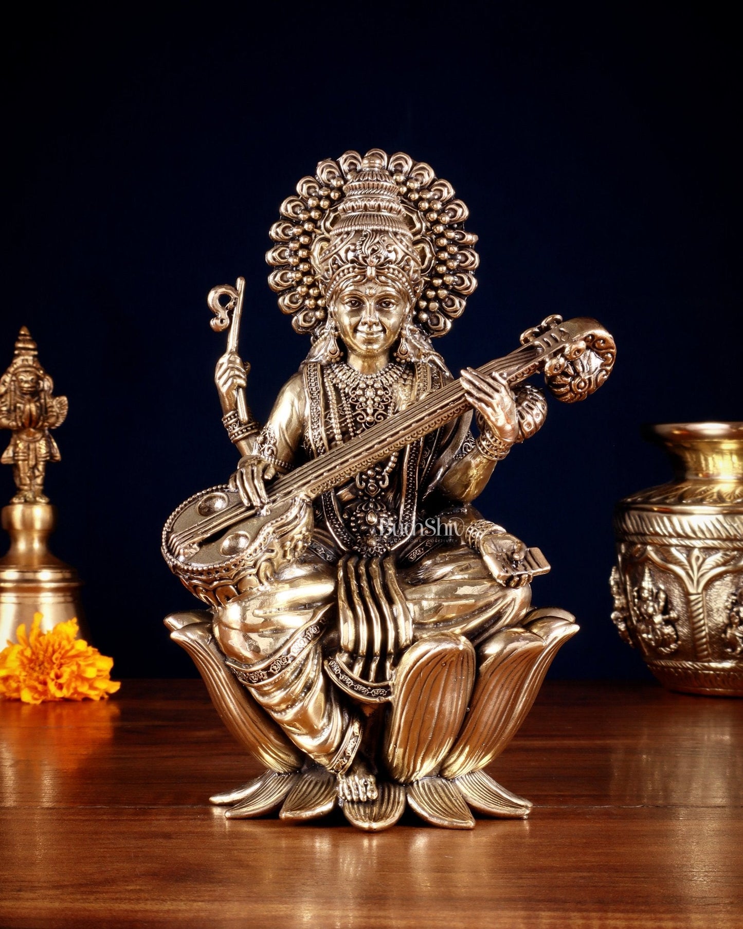 Intricate Superfine Brass Saraswati Idol - 8" Tall - Sama Homes Idol - Brass Sculpture