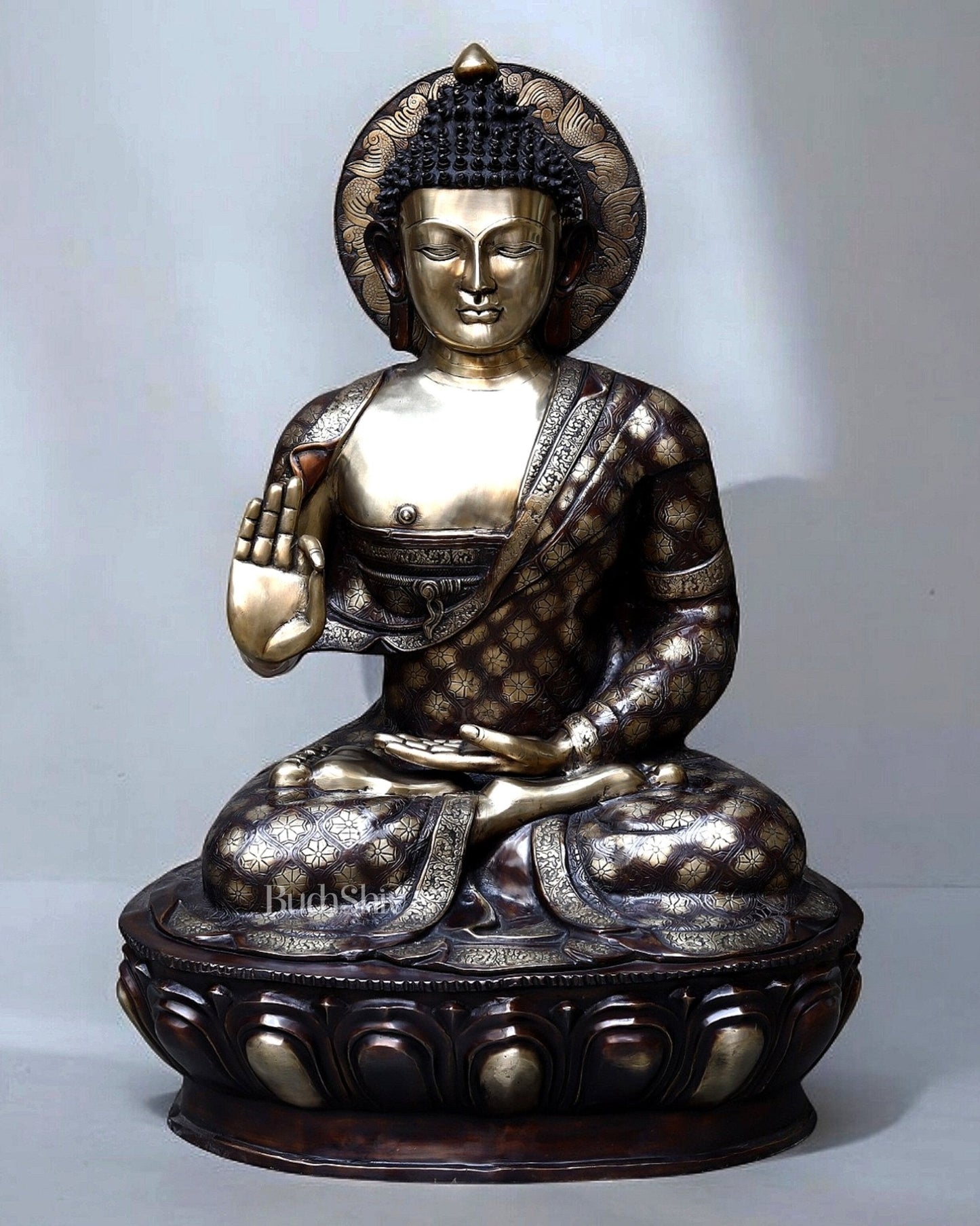 Large Pure Brass Buddha Statue in Abhaya Mudra – 46 Inches, 95 Kg Celestial Aura - Sama Homes Idol - Brass Sculpture