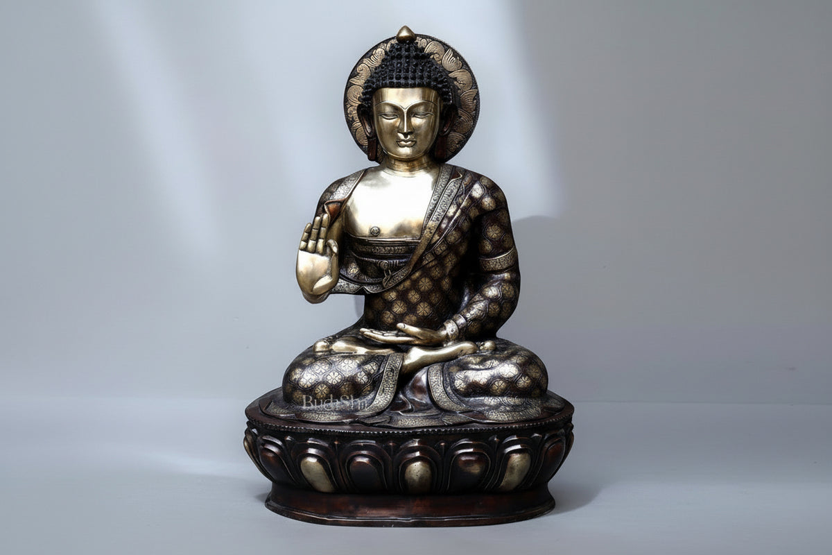 Large Pure Brass Buddha Statue in Abhaya Mudra – 46 Inches, 95 Kg Celestial Aura - Sama Homes Idol - Brass Sculpture