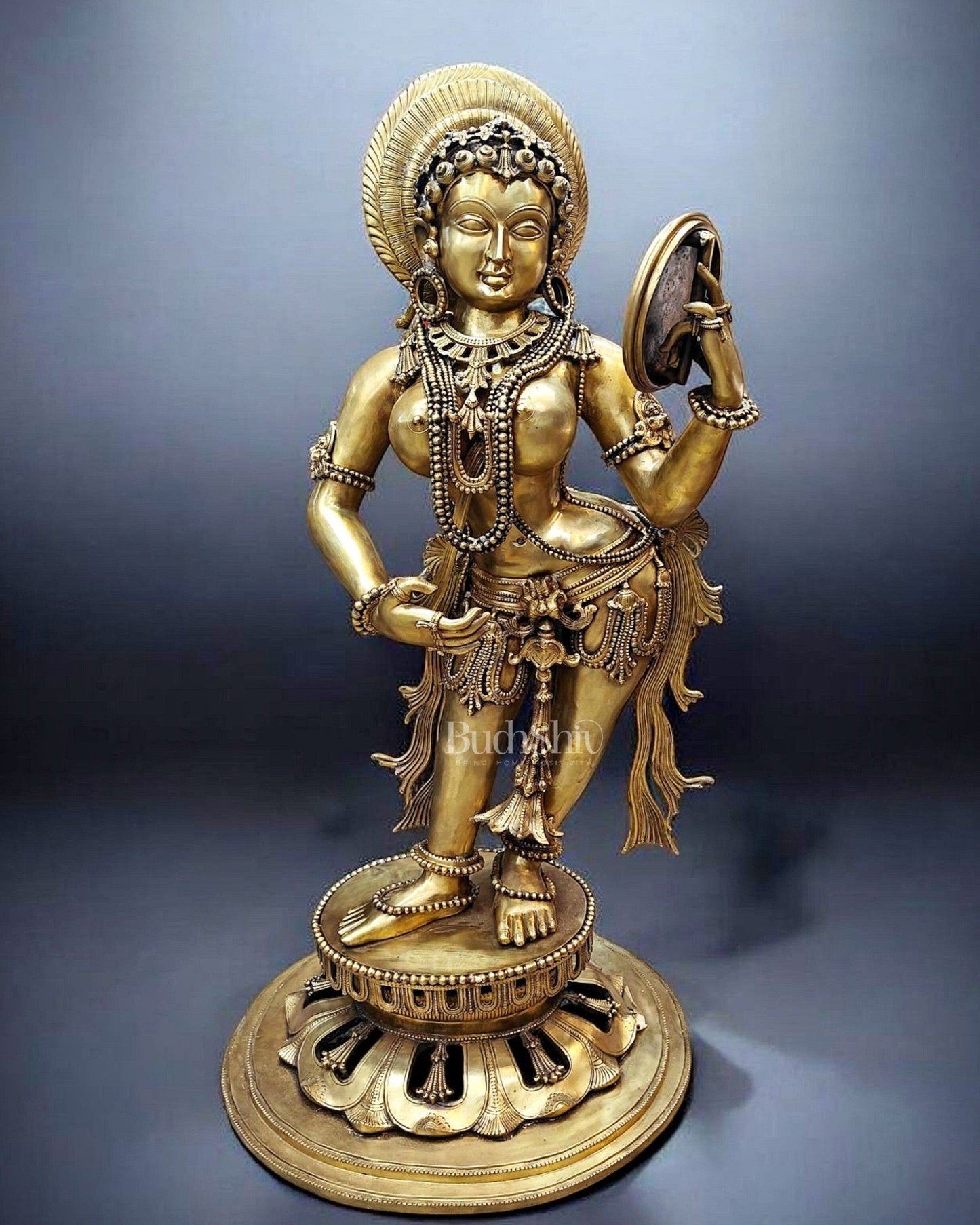 Large Pure Bronze Apsara Holding a Mirror Sculpture 54" - Sama Homes Idol - Brass Sculpture