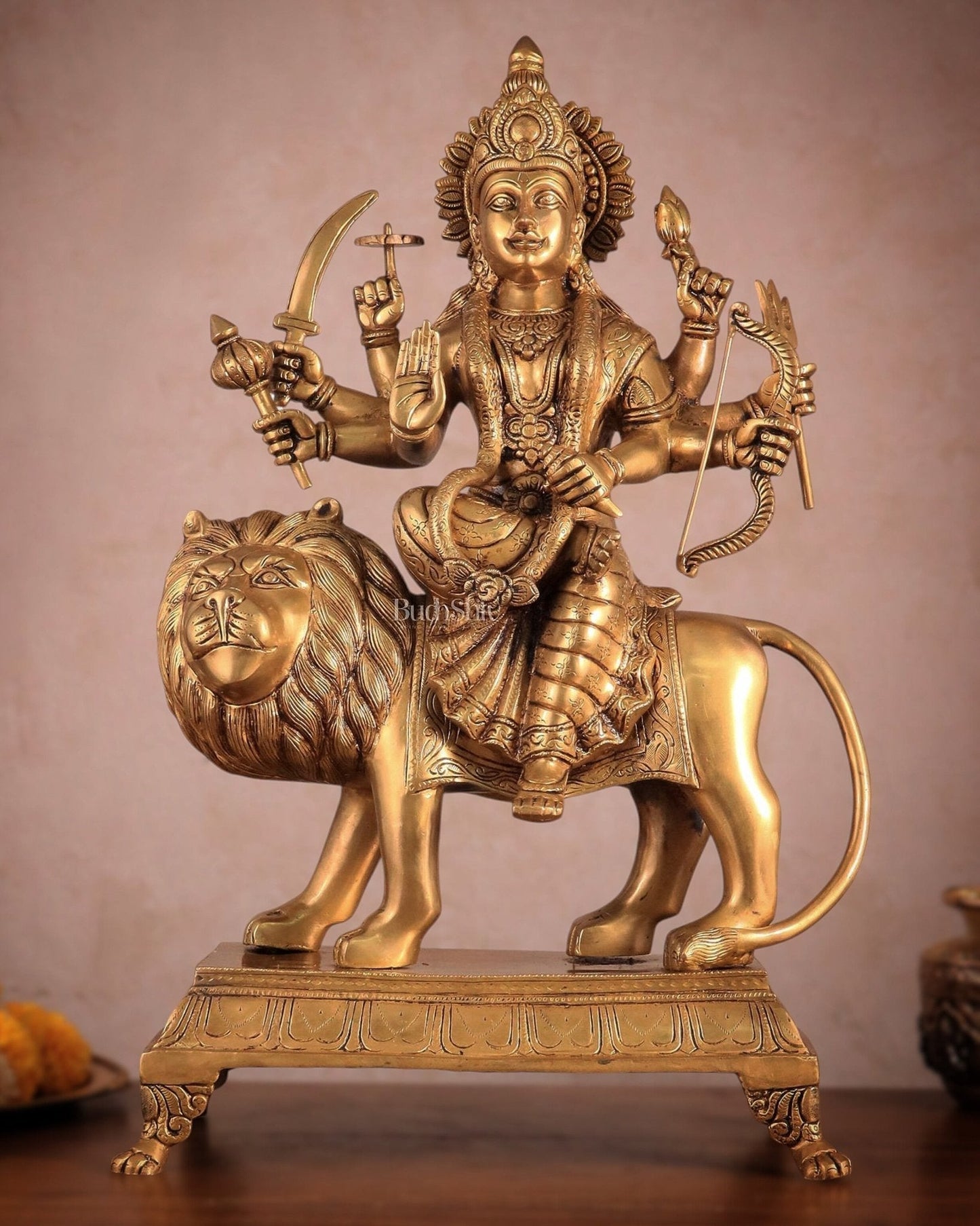 Large Superfine Brass Durga Mata Statue - Antique Golden Tone | Height 21.5 inch - Sama Homes Idol - Brass Sculpture