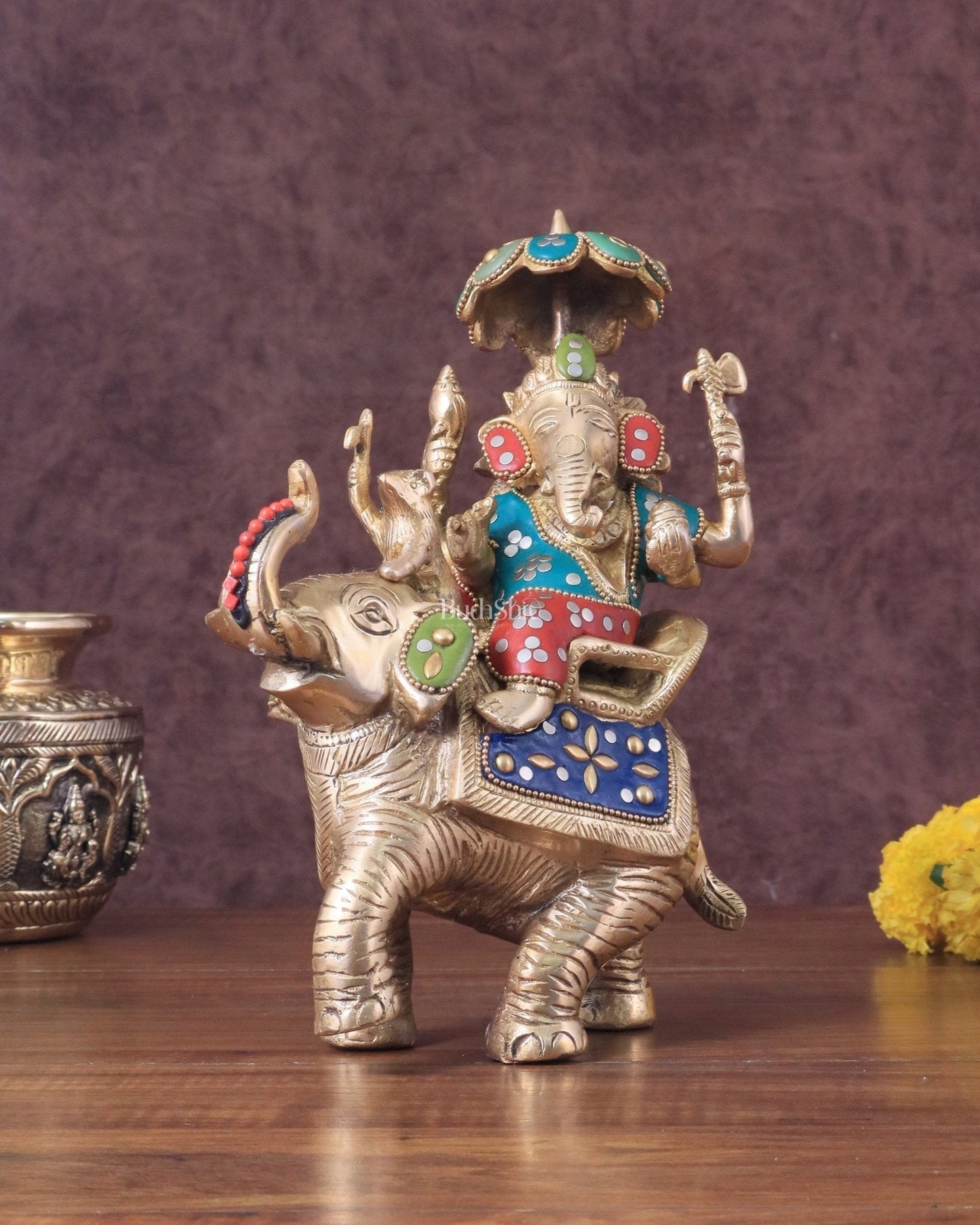 Lord Ganesha sitting on elephant meenakari brass statue - Sama Homes Idol - Brass Sculpture