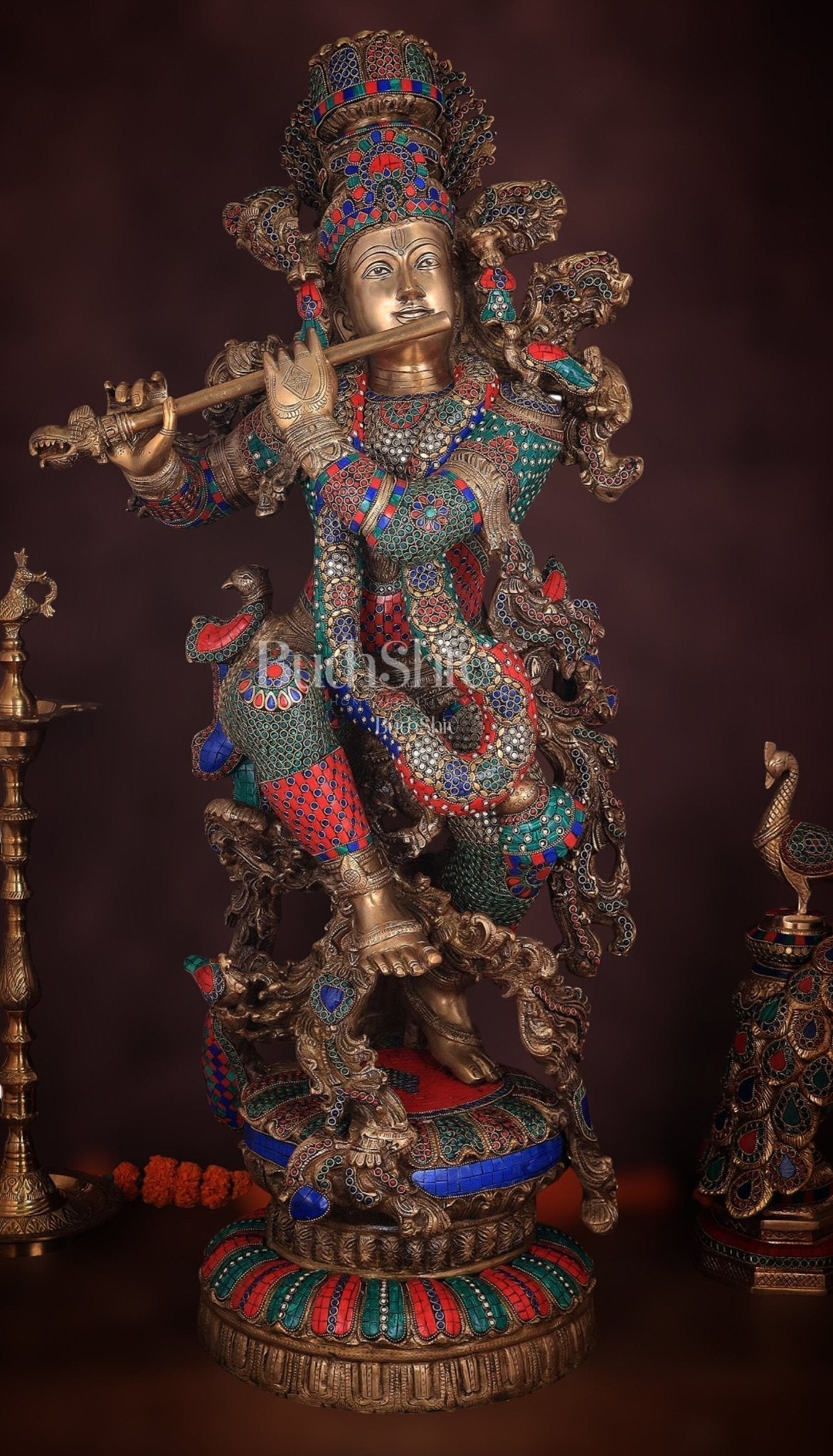 Lord Krishna Brass statue large size meenakari- 43 inch/3.75 feet - Sama Homes Idol - Brass Sculpture