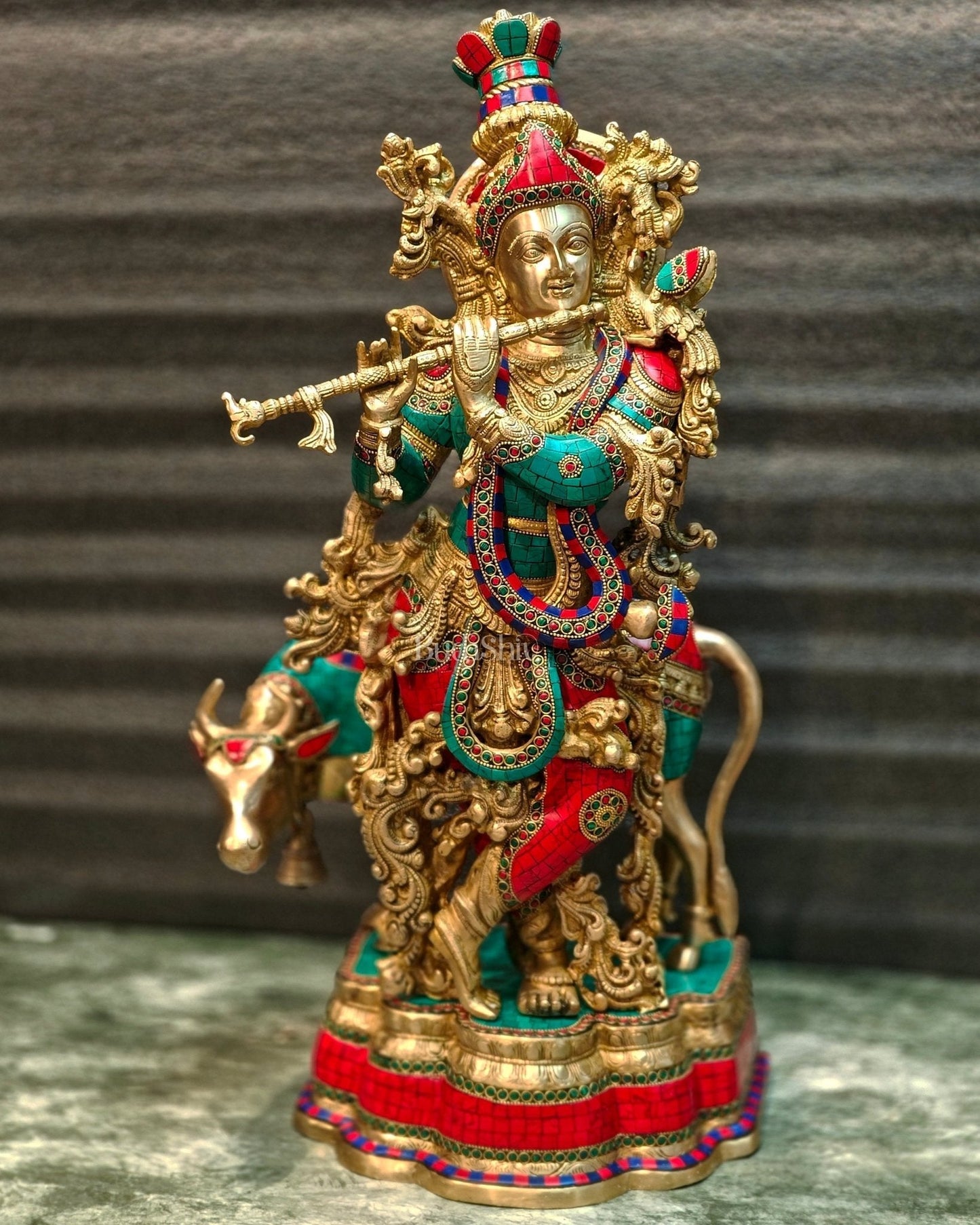Lord Krishna with Cow Brass Idol - Meenakari Adornments, 26.5" Tall, 26kg - Sama Homes Idol - Brass Sculpture