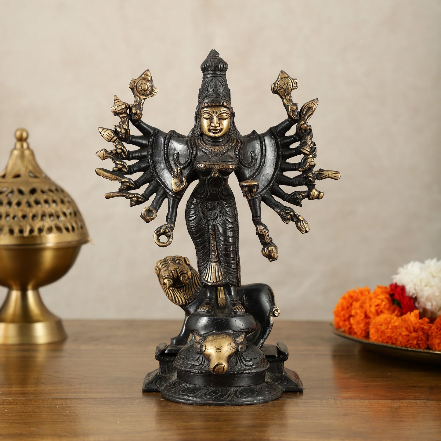 Mahisasur Mardini Durga Brass Idol 10" black gold - Sama Homes Idol - Brass Sculpture