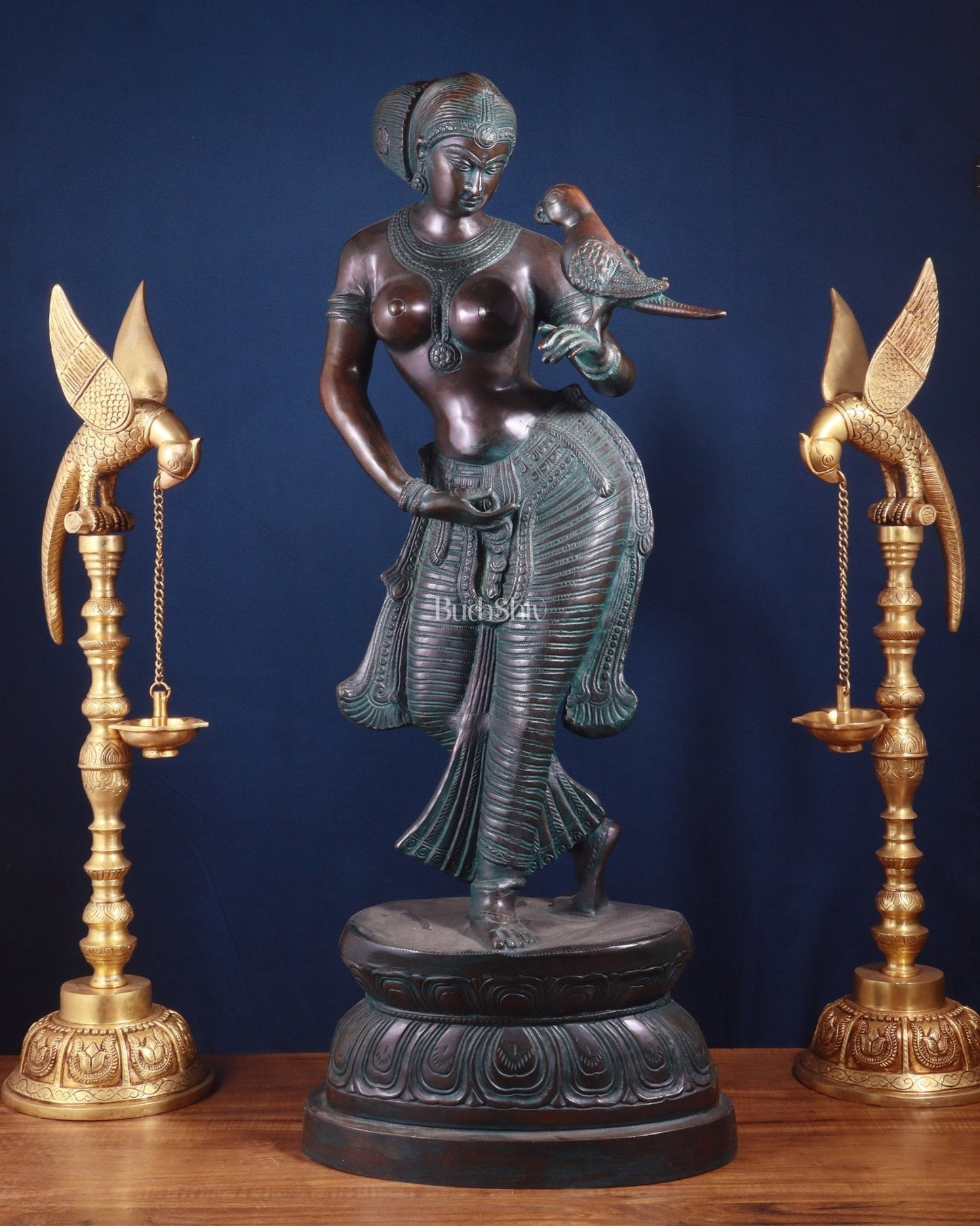 Majestic Brass Lady Holding Parrot Idol – Chola Style, 36 Inch - Sama Homes Idol - Brass Sculpture