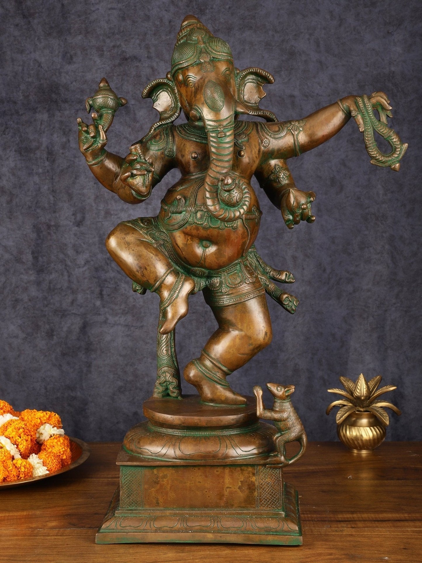 Brass Large Dancing Ganapati Statue 25" | 100% Certified Copper & Brass - Sama Homes Idol - Brass Sculpture